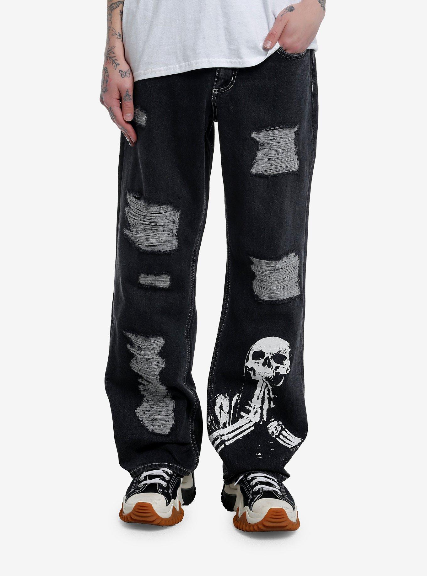 Social Collision Black Destructed Skeleton Straight Leg Denim Pants, BLACK, hi-res