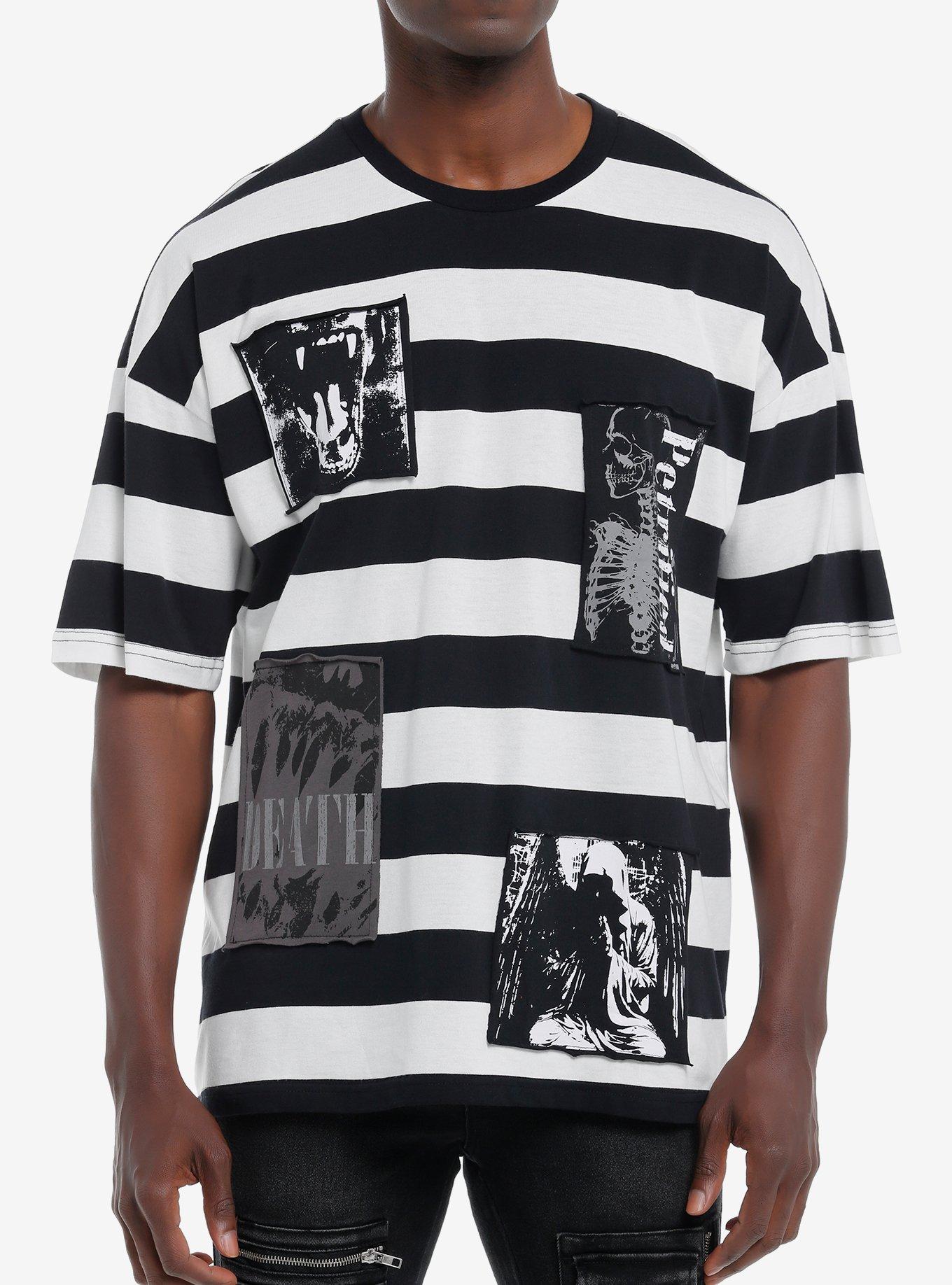 Social Collision Black & White Stripe Skull Patches T-Shirt, , hi-res