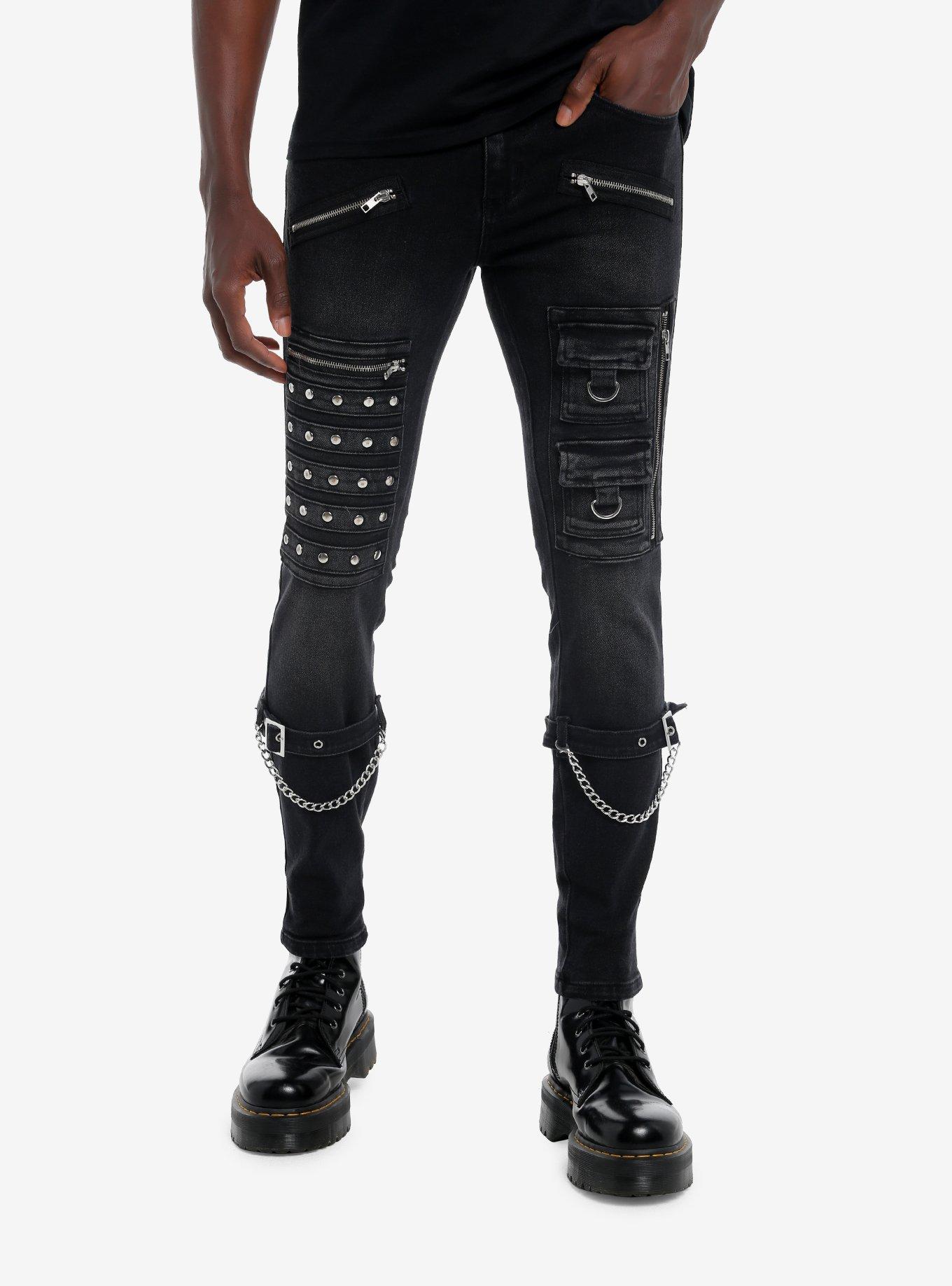 Social Collision Black Strappy Chain Pocket Stinger Jeans, BLACK, hi-res