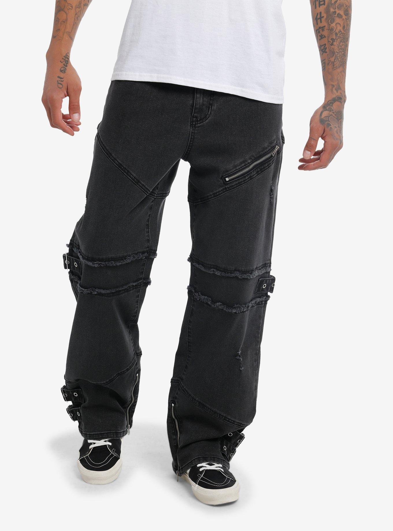 Black Zipper Grommet Frayed Wide Leg Denim Pants | Hot Topic