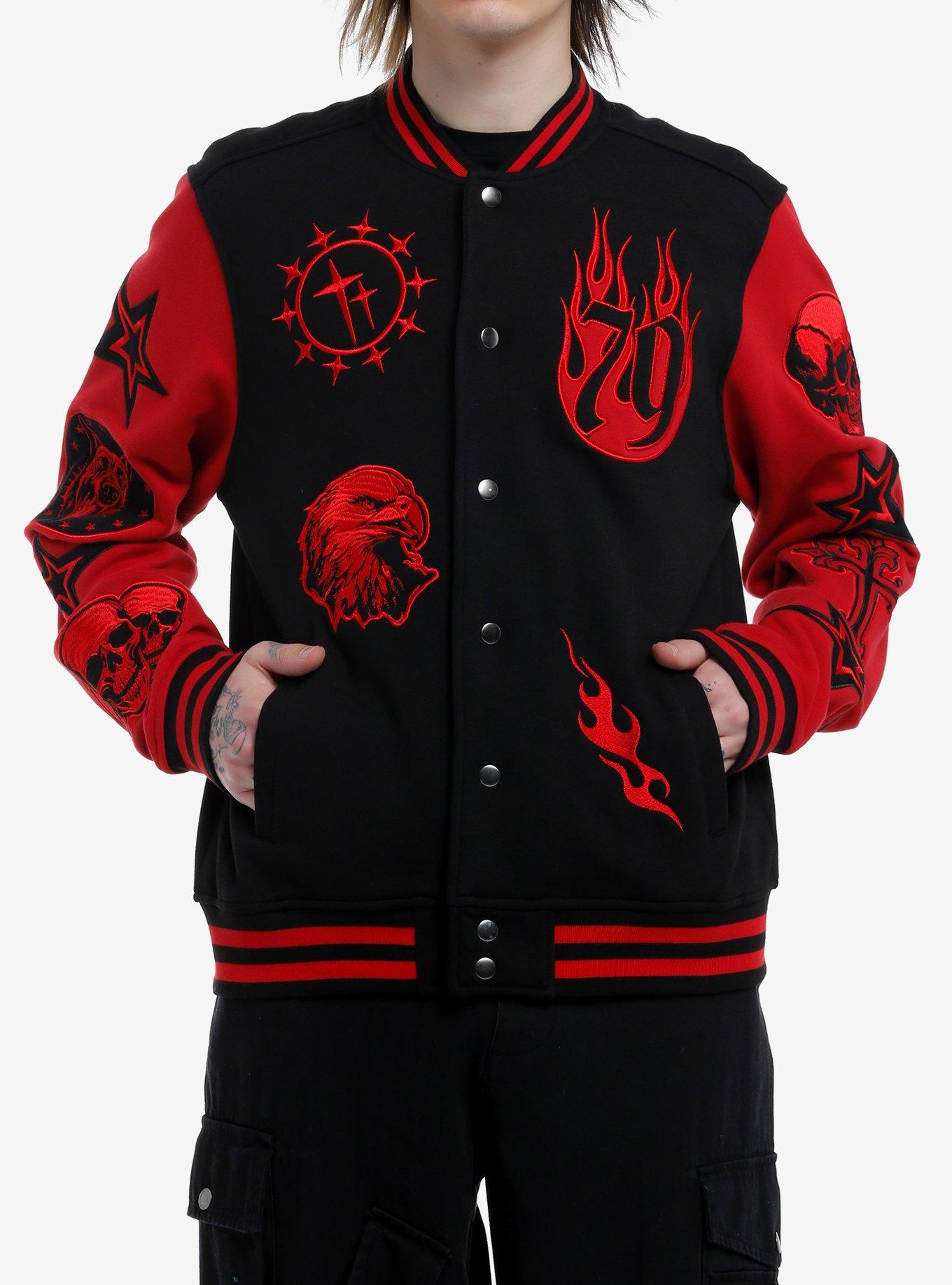 Black & Red Rock Star Patches Varsity Jacket, , hi-res