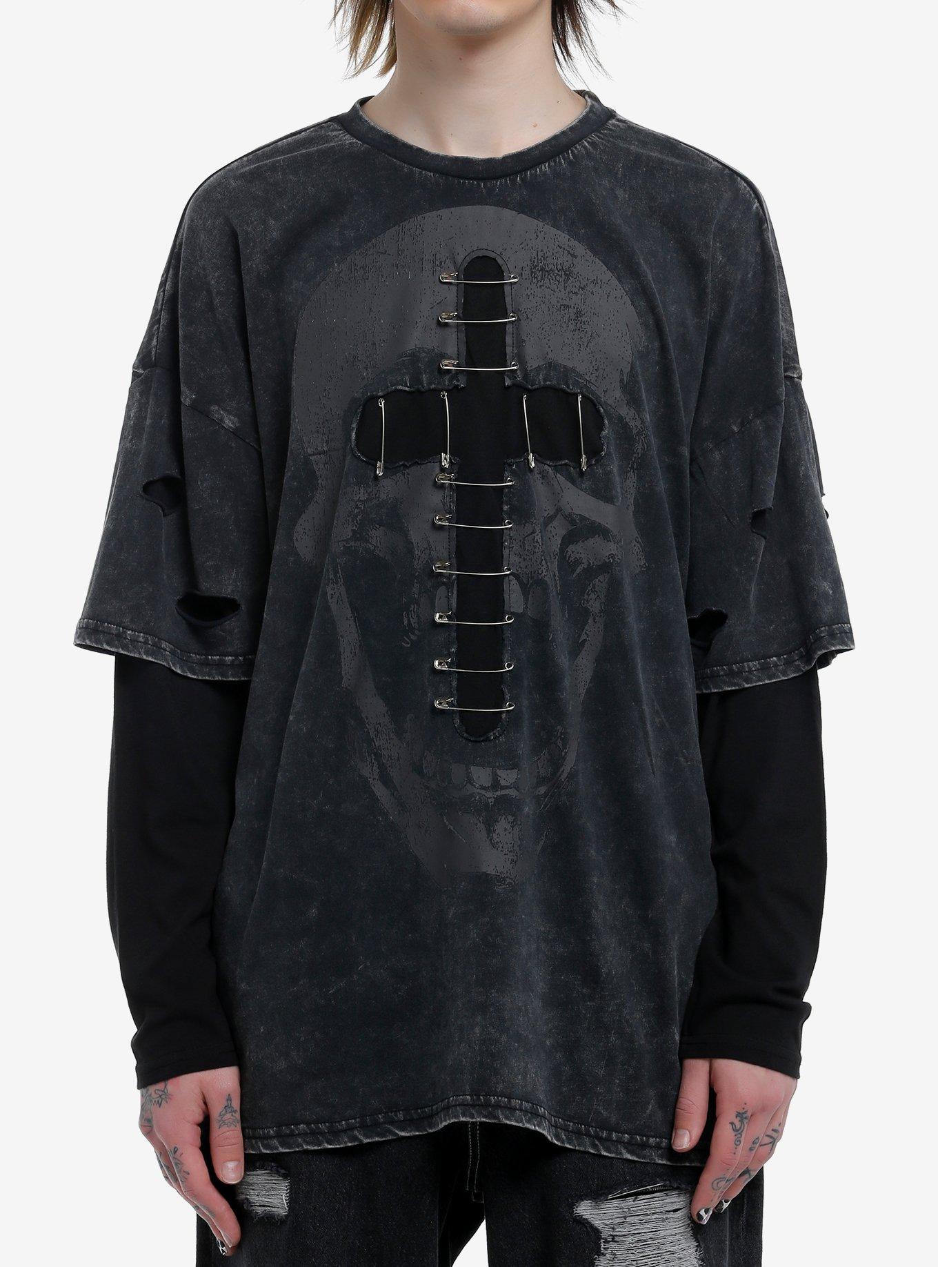Social Collision Skull Cross Safety Pin Oversized Long-Sleeve Twofer, GREY, hi-res