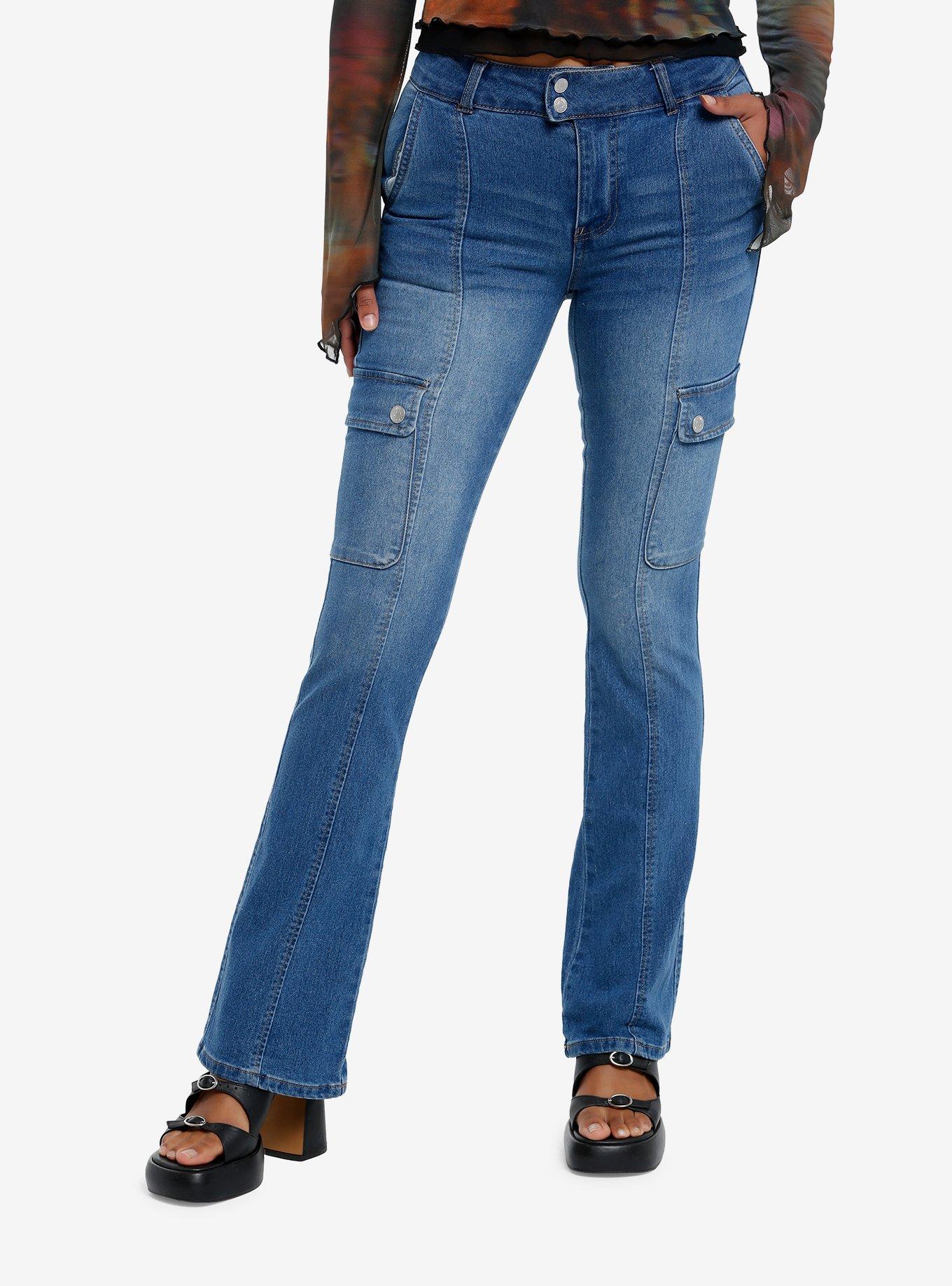 Indigo Cargo Pocket Boot Cut Flare Denim Pants, BLUE, hi-res