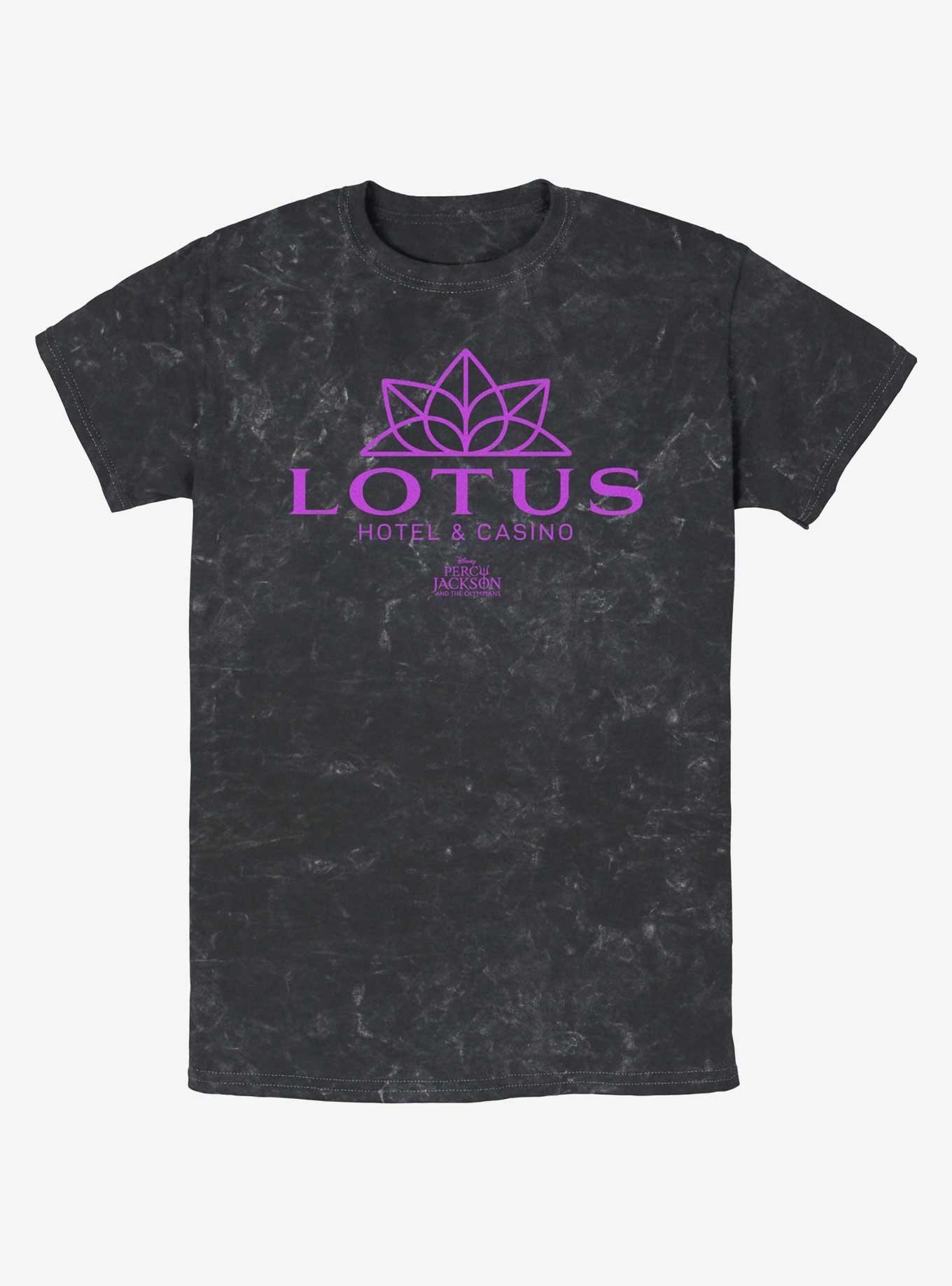 Disney Percy Jackson And The Olympians Lotus Hotel & Casino Logo Mineral Wash T-Shirt, BLACK, hi-res