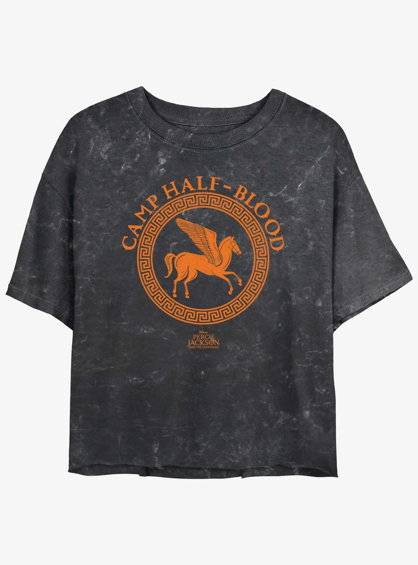 Disney Percy Jackson And The Olympians Camp Half Blood Icon Logo Mineral Wash Girls Crop T-Shirt, BLACK, hi-res