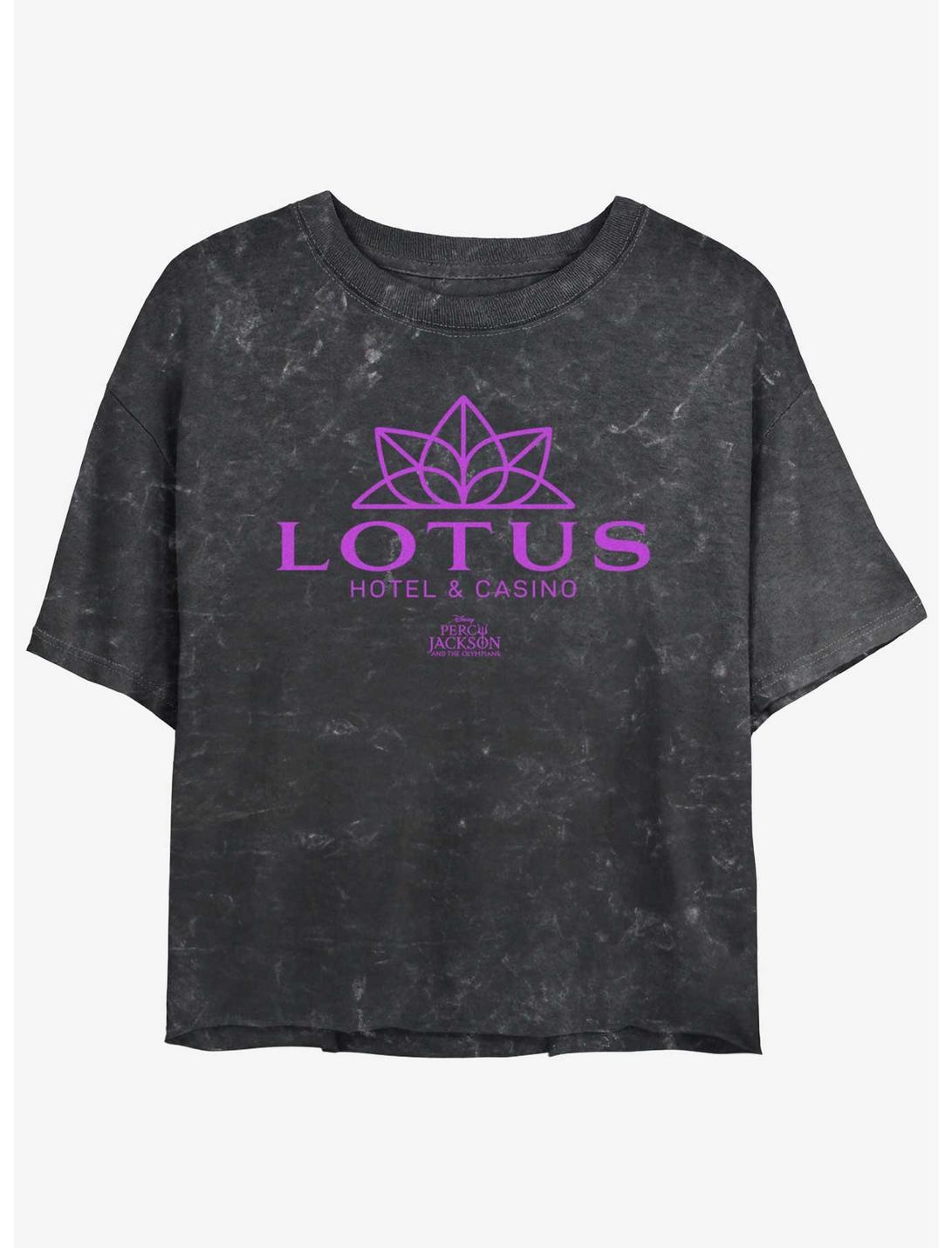 Disney Percy Jackson And The Olympians Lotus Hotel & Casino Logo Mineral Wash Girls Crop T-Shirt, BLACK, hi-res