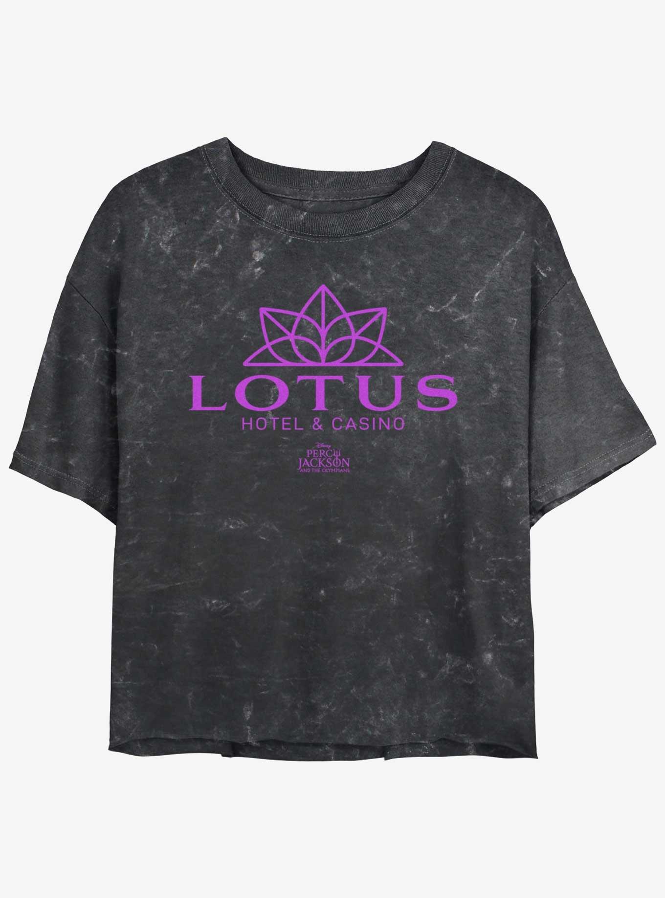 Disney Percy Jackson And The Olympians Lotus Hotel & Casino Logo Mineral Wash Girls Crop T-Shirt, BLACK, hi-res