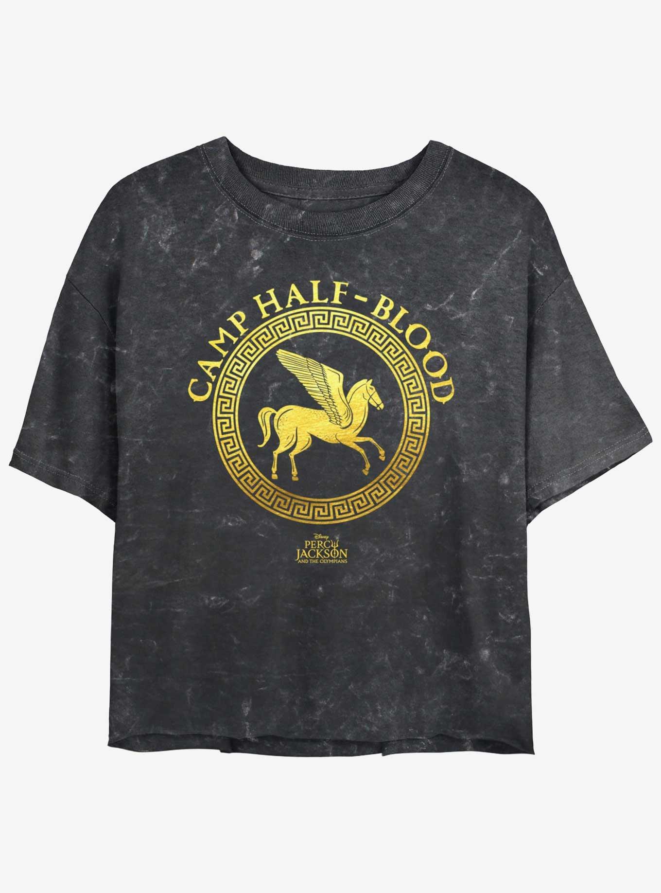 Disney Percy Jackson And The Olympians Camp Half Blood Emblem Logo Mineral Wash Girls Crop T-Shirt, BLACK, hi-res