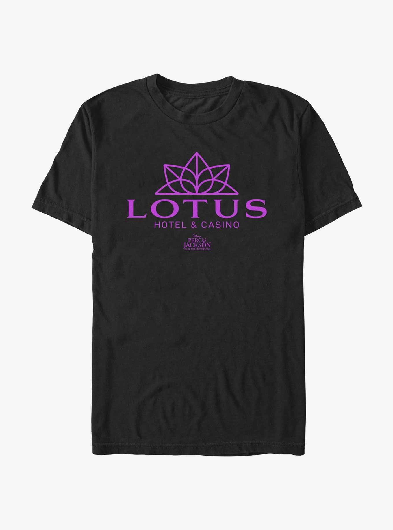 Disney Percy Jackson And The Olympians Lotus Hotel & Casino Logo T-Shirt, BLACK, hi-res