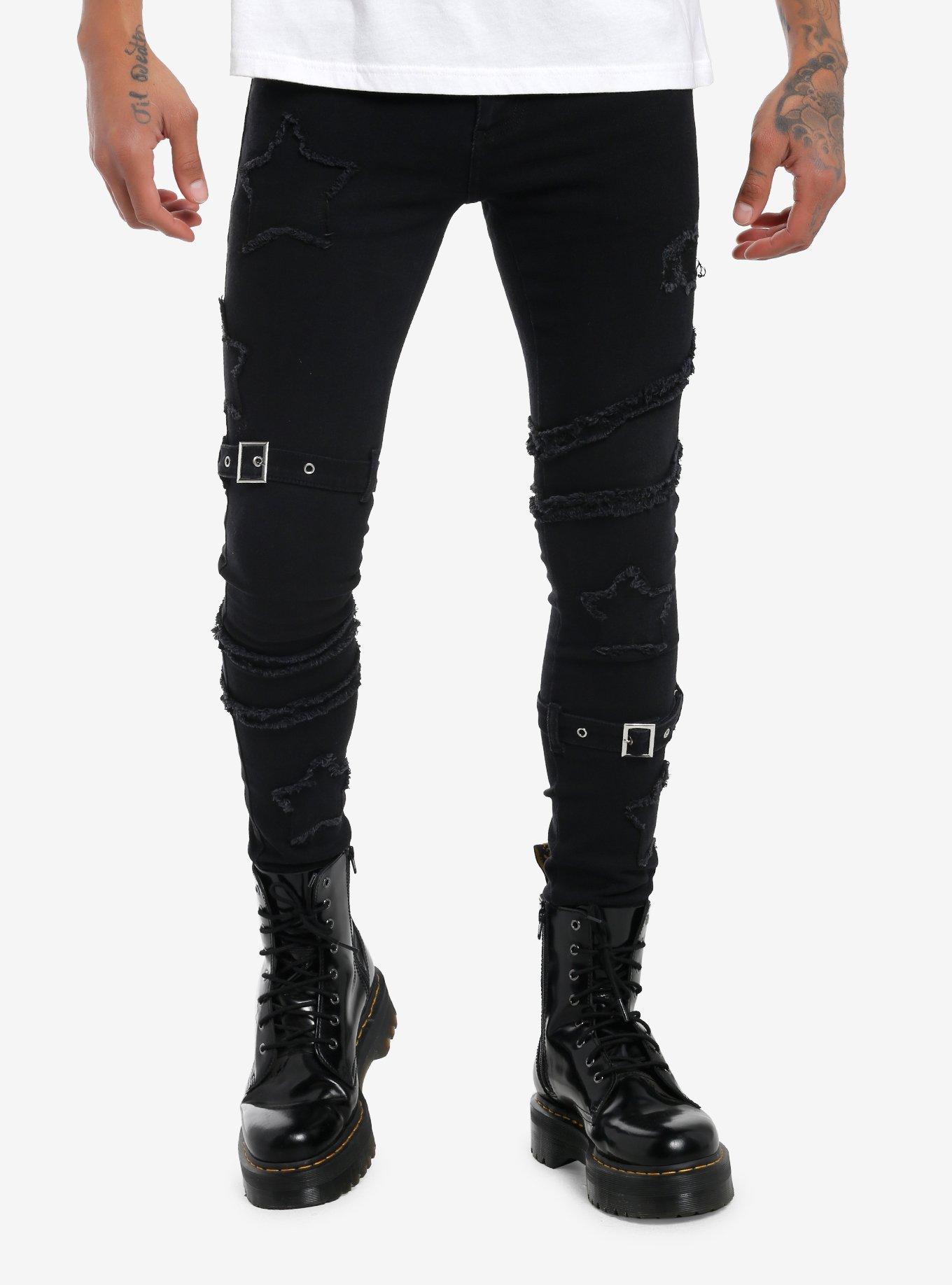 Social Collision Black Frayed Stars & Buckles Stinger Jeans, BLACK, hi-res