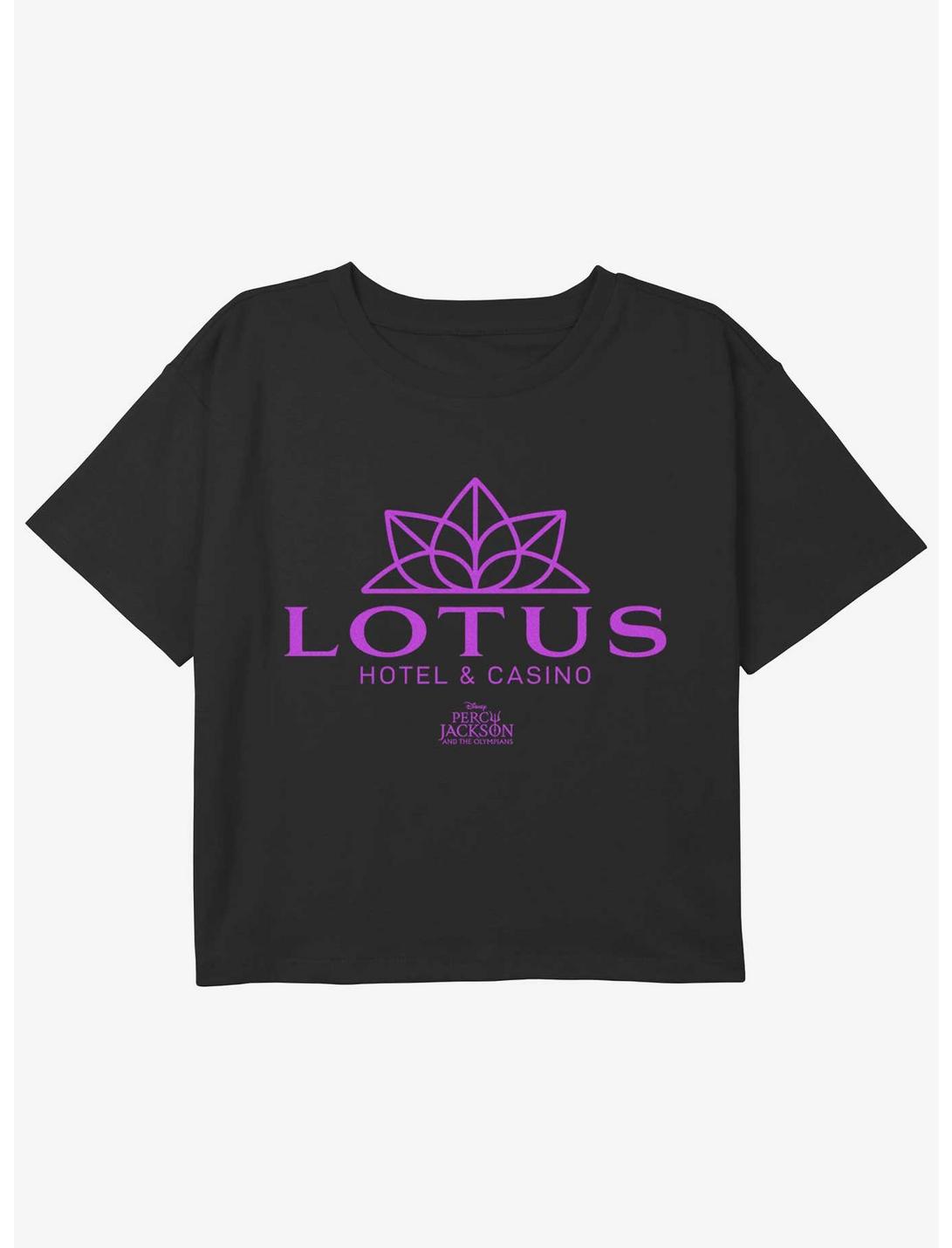 Disney Percy Jackson And The Olympians Lotus Hotel & Casino Logo Youth Girls Boxy Crop T-Shirt, BLACK, hi-res