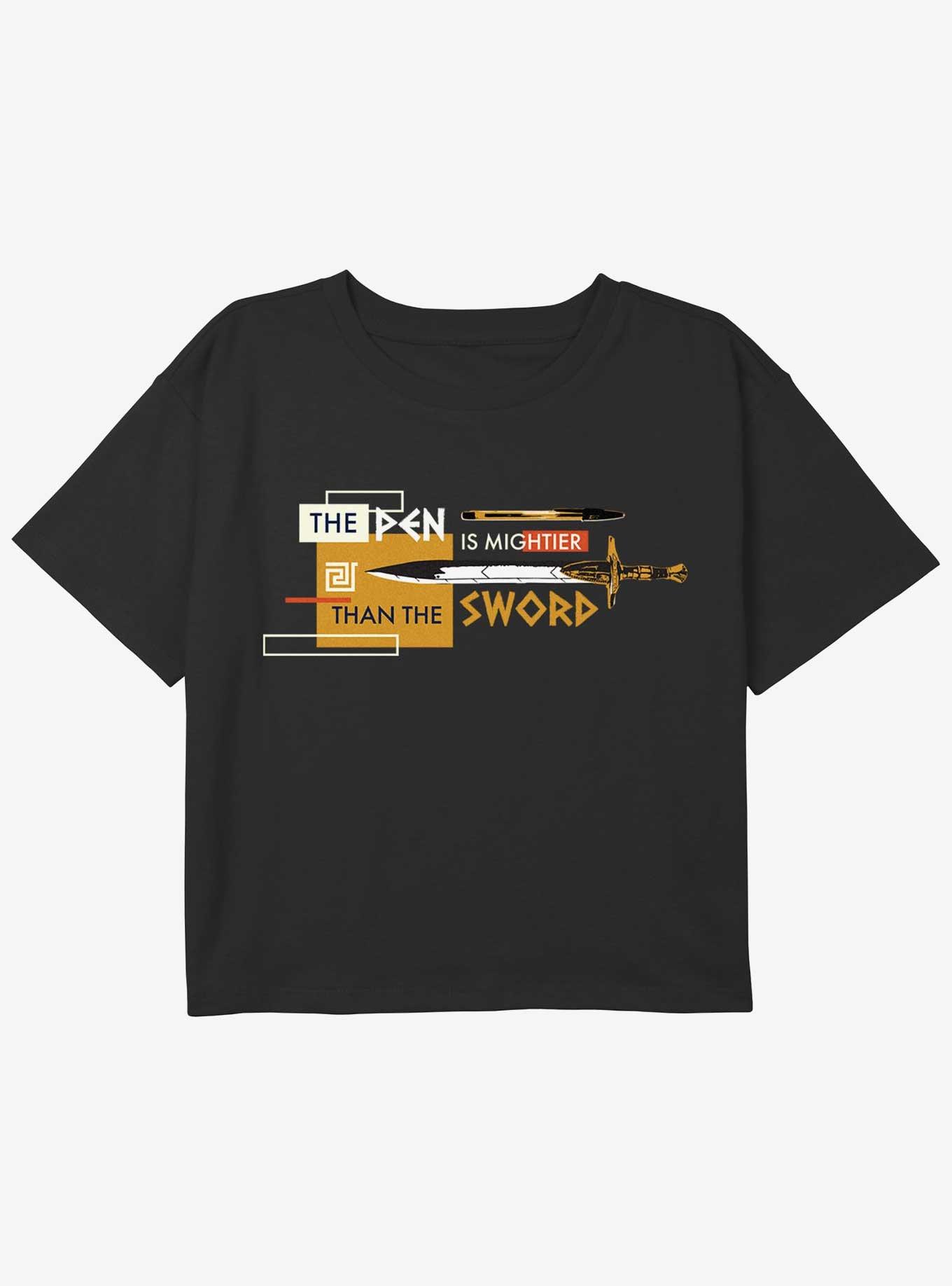 Disney Percy Jackson And The Olympians The Pen Is Mightier Than The Sword Youth Girls Boxy Crop T-Shirt, BLACK, hi-res