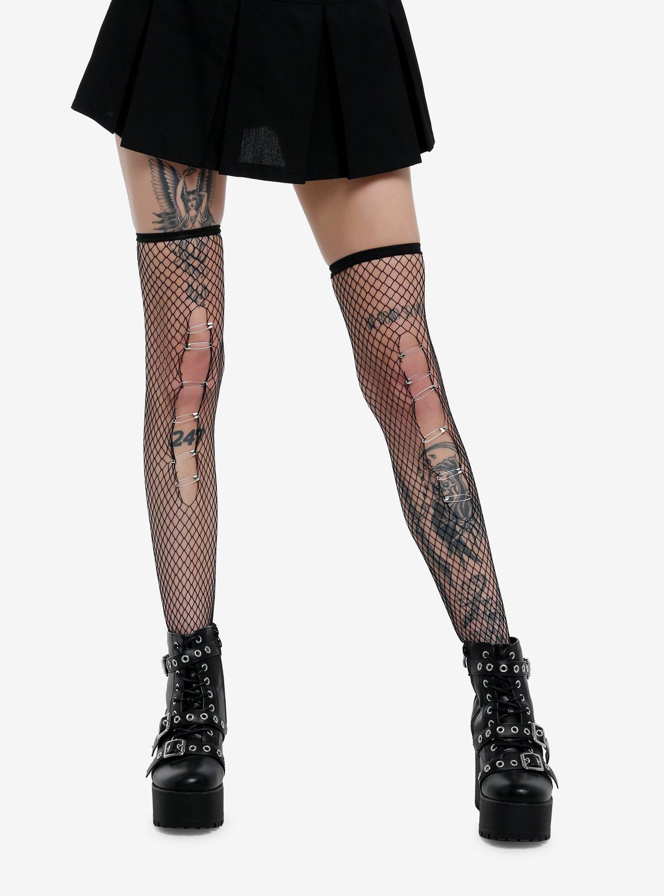Black Safety Pin Fishnet Tights, , hi-res