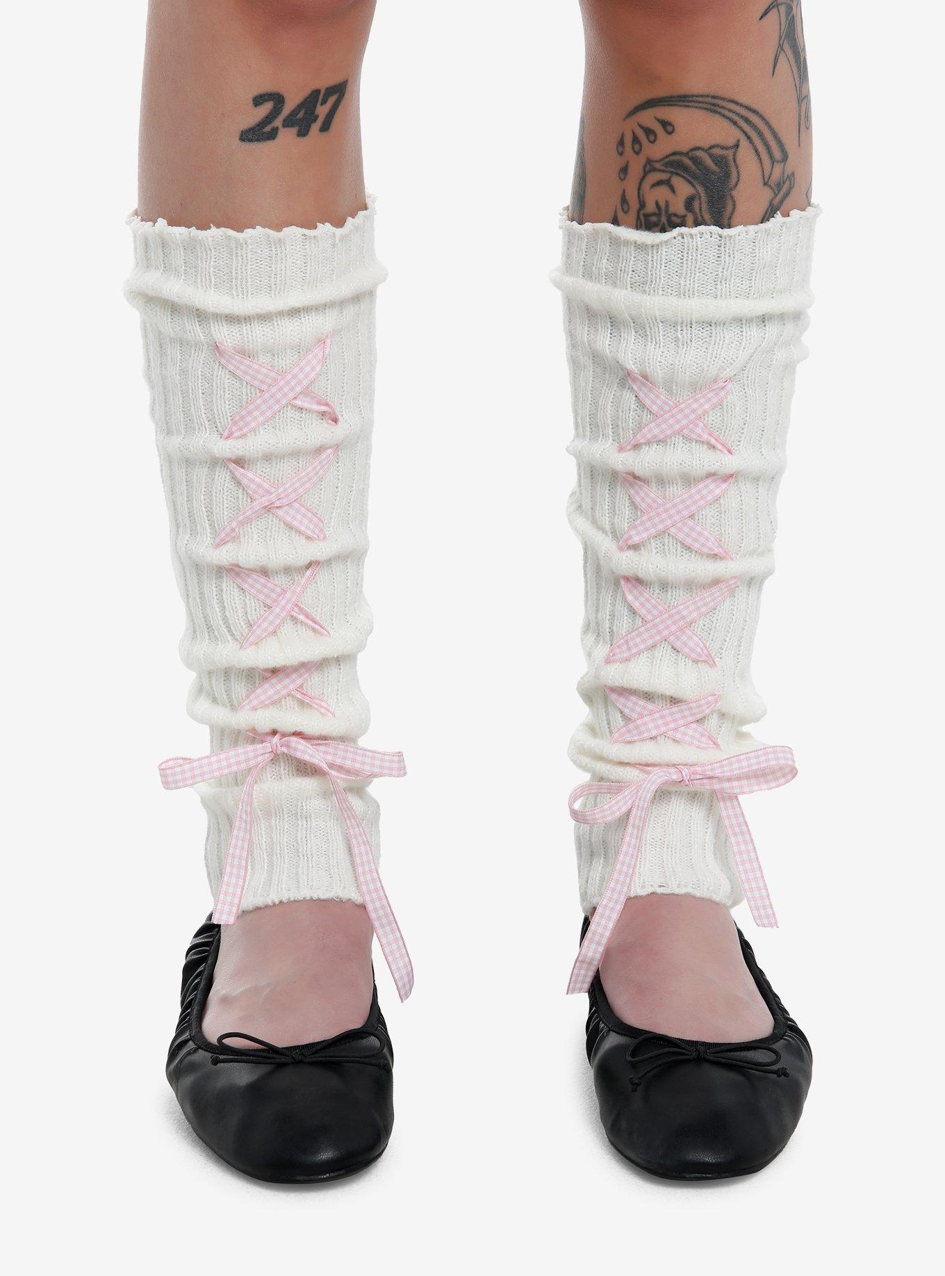 Cream Pink Gingham Lace Leg Warmers, , hi-res