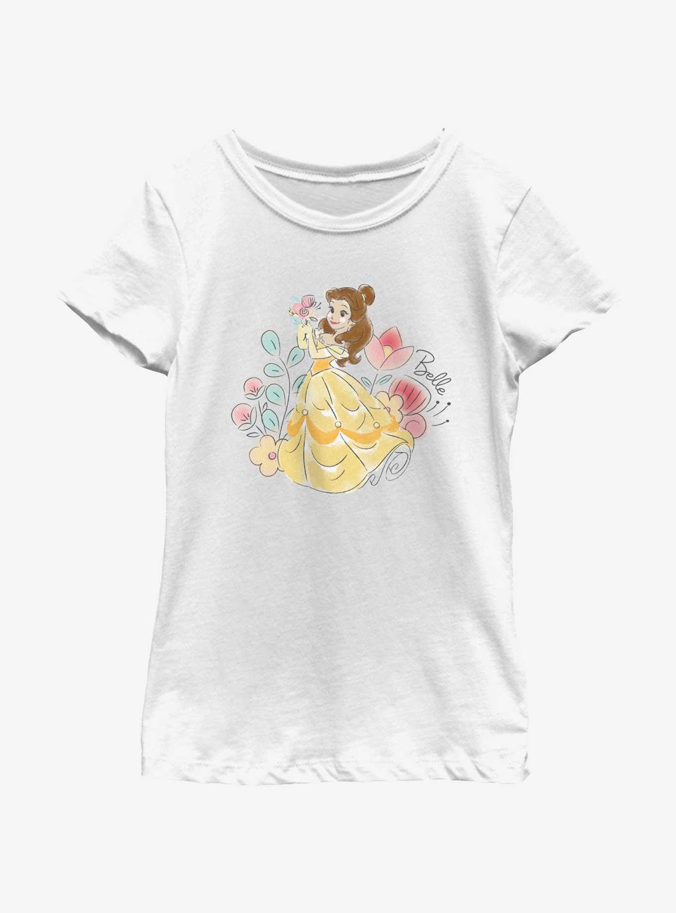 Disney Princesses Cute Belle With Flowers Youth Girls T-Shirt, WHITE, hi-res