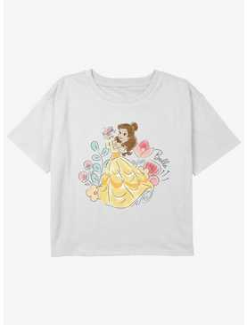Disney Princesses Cute Belle With Flowers Youth Girls Boxy Crop T-Shirt, , hi-res