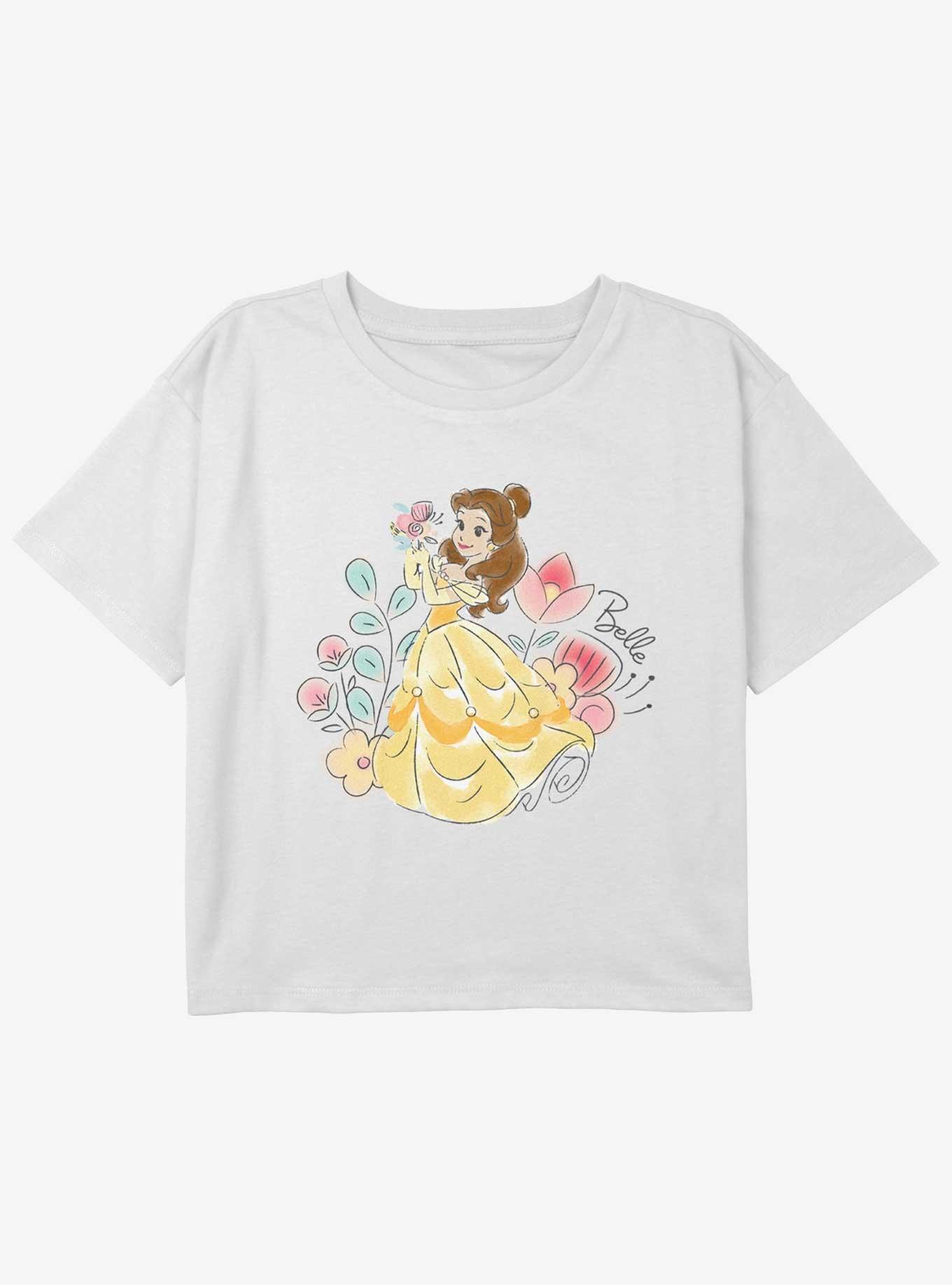 Disney Princesses Cute Belle With Flowers Youth Girls Boxy Crop T-Shirt, WHITE, hi-res