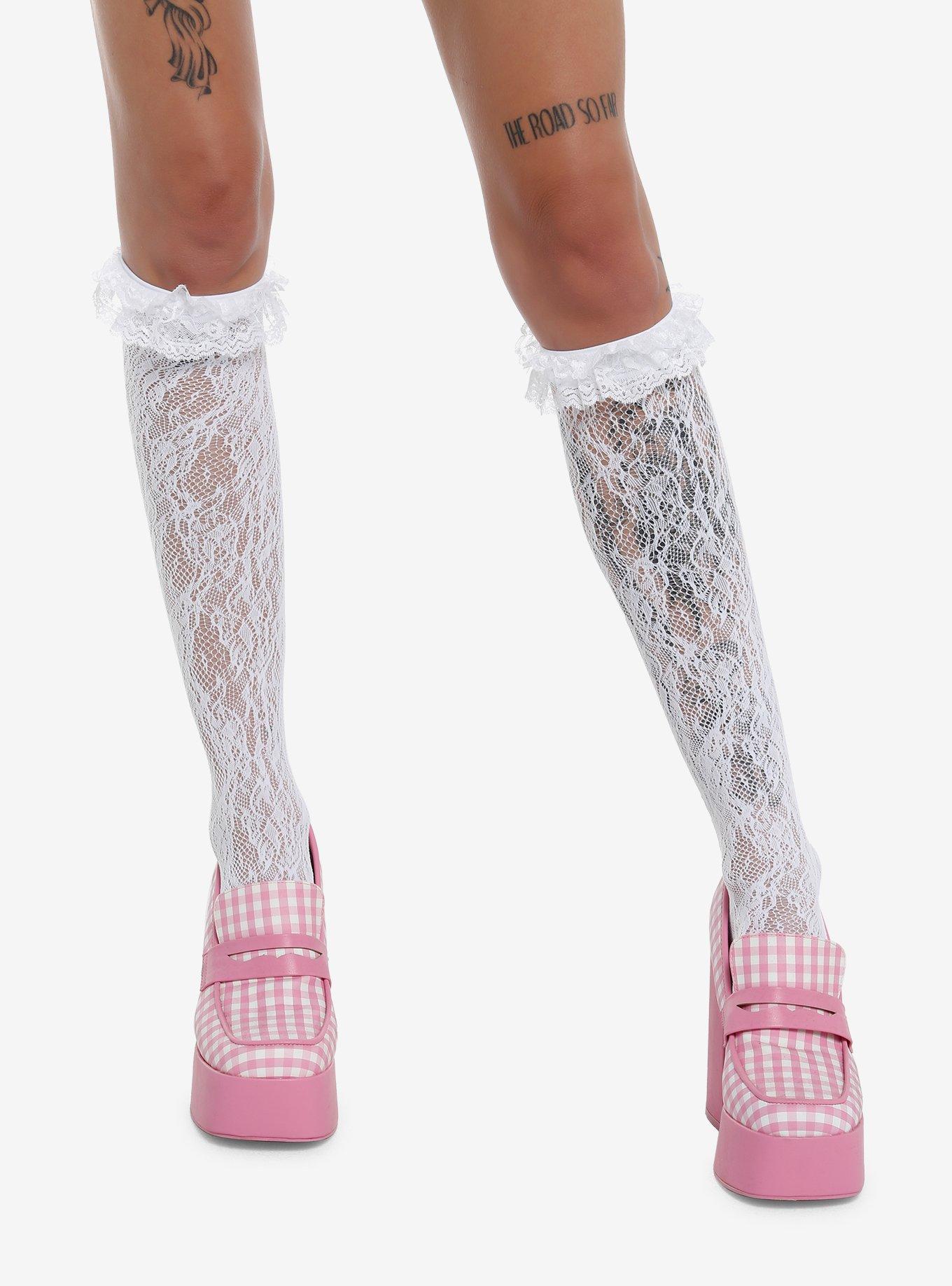 White Lace Ruffle Knee High Socks, , hi-res