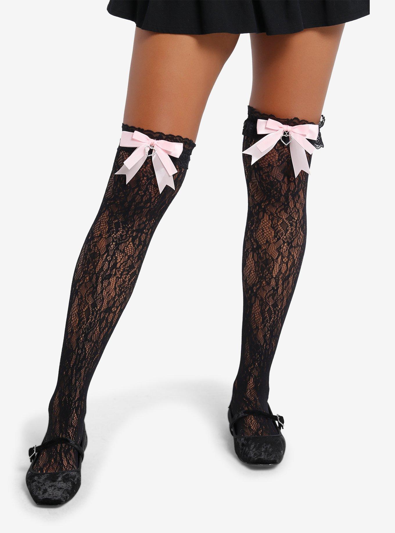 Black Pointelle Pink Bow Over-The-Knee Socks, , hi-res