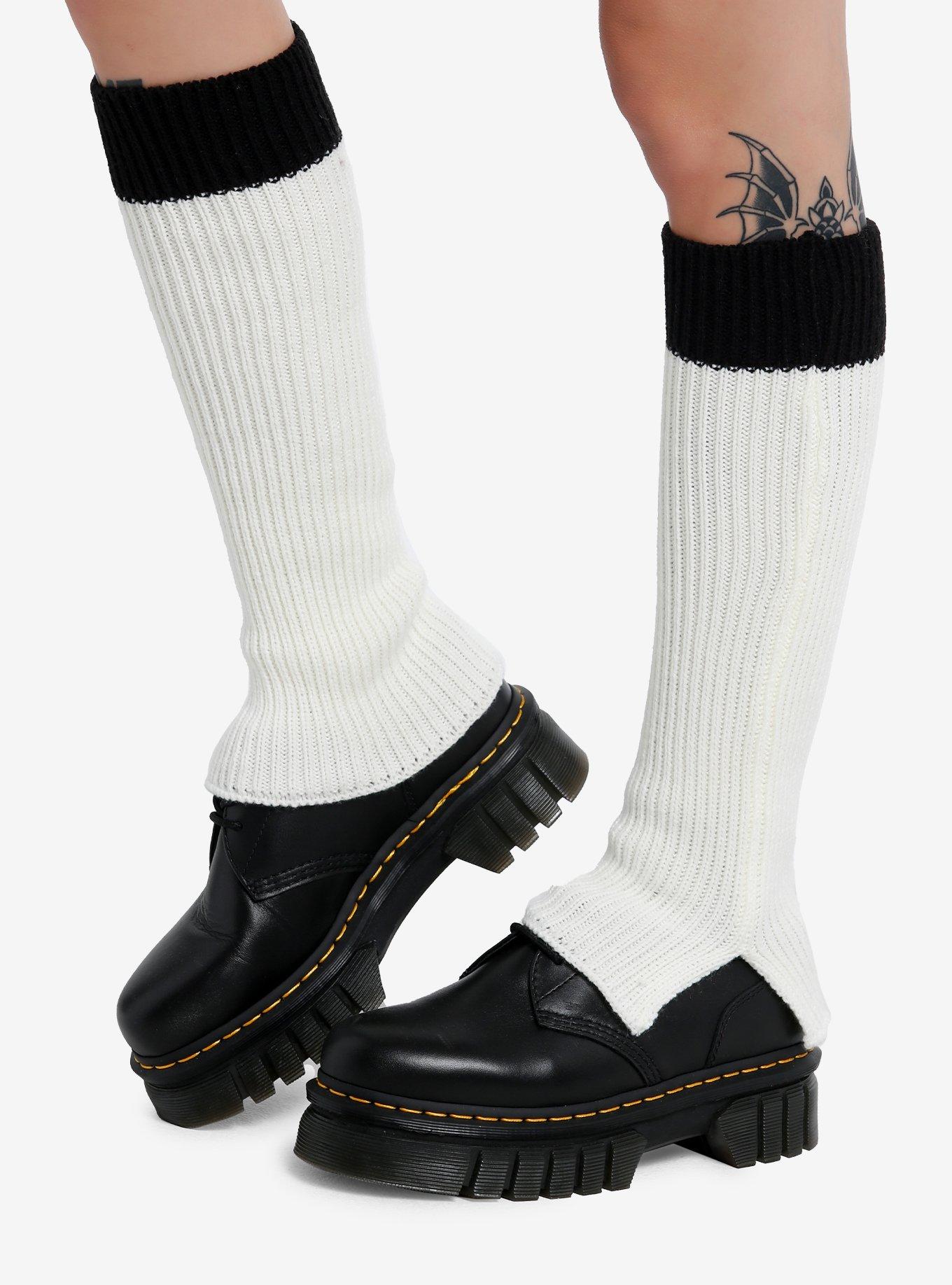 Cream & Black Ribbed Leg Warmers, , hi-res