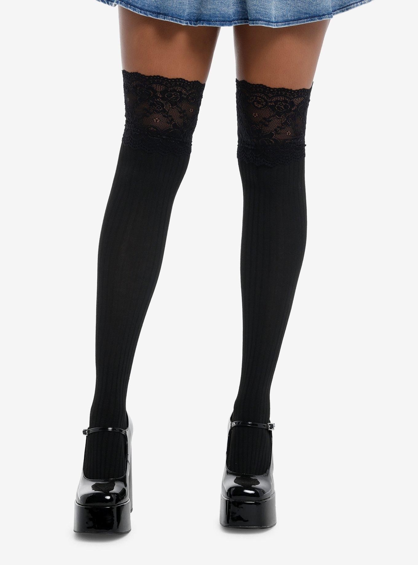 Lace Black Knee High Socks Near Me Black Ribbed Lace Over-The-Knee