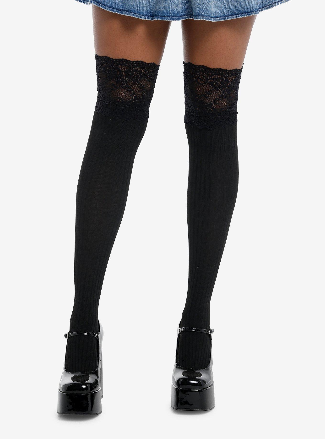 Black Ribbed Lace Over-The-Knee Socks, , hi-res