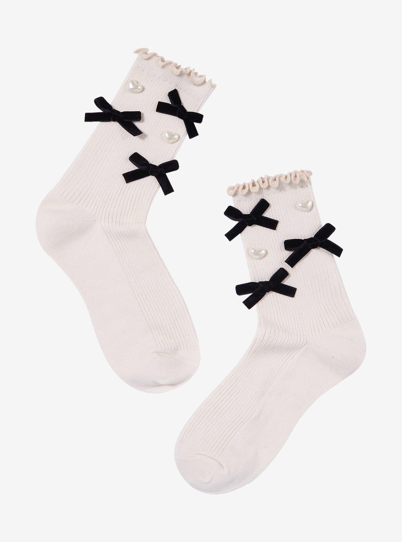 Cream Bow Heart Pearl Crew Socks, , hi-res