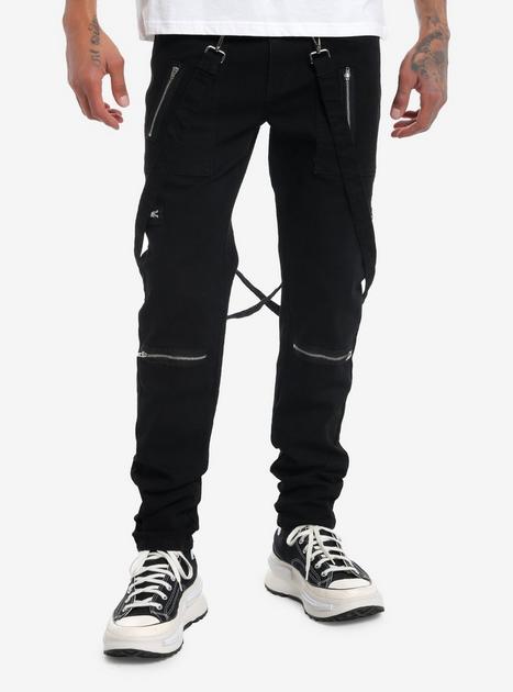 Black Denim Suspender Strap & Zipper Jeans | Hot Topic