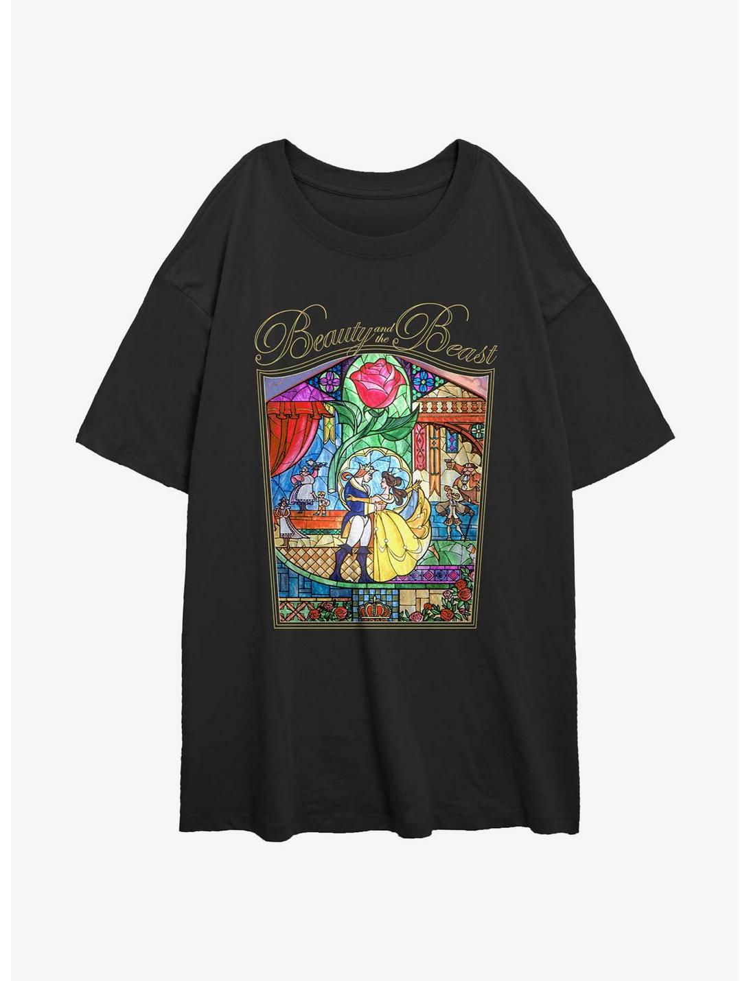 Disney Beauty and the Beast Stained Glass Story Girls Oversized T-Shirt, BLACK, hi-res