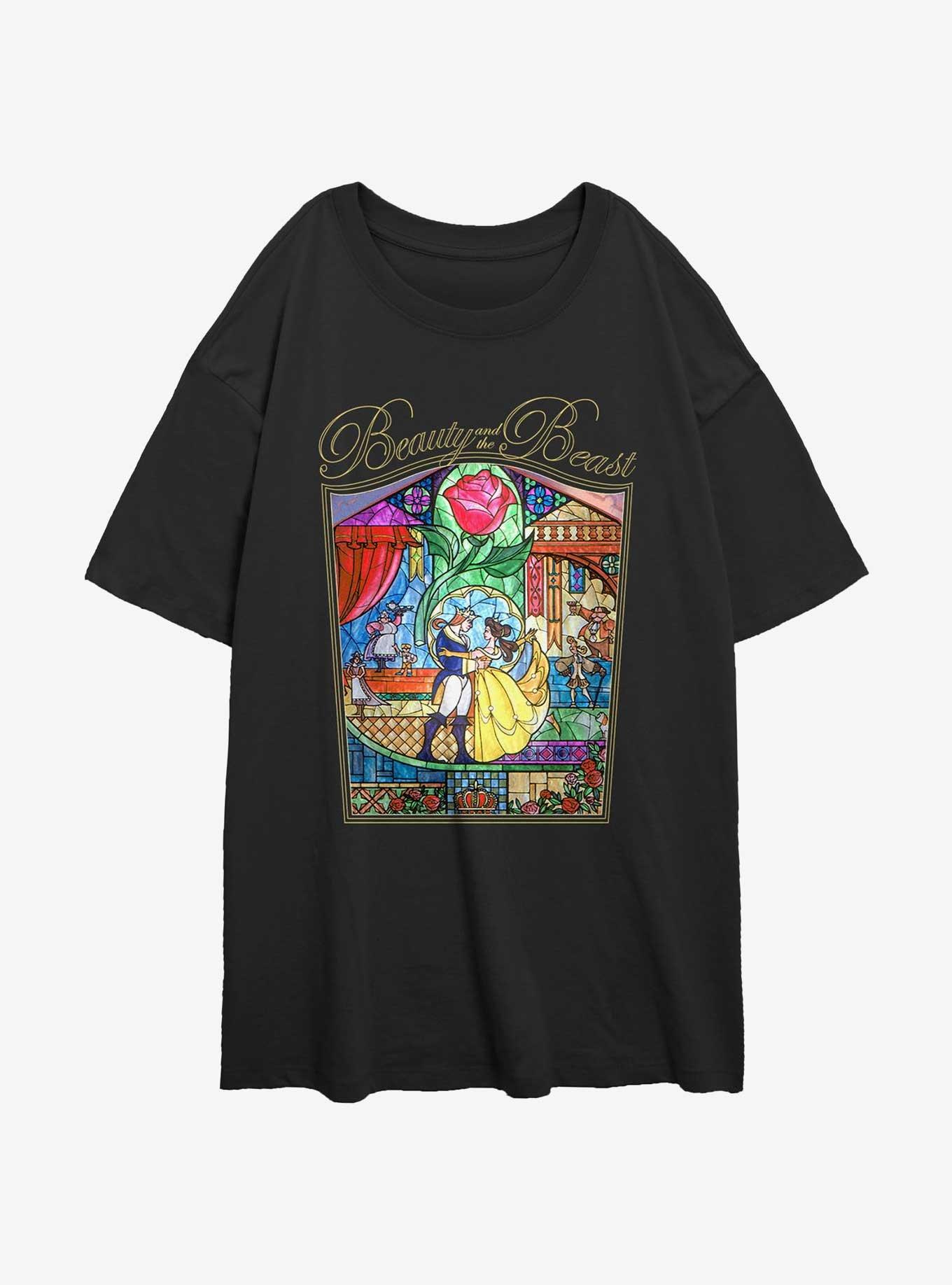 Disney Beauty and the Beast Stained Glass Story Womens Oversized T-Shirt, BLACK, hi-res