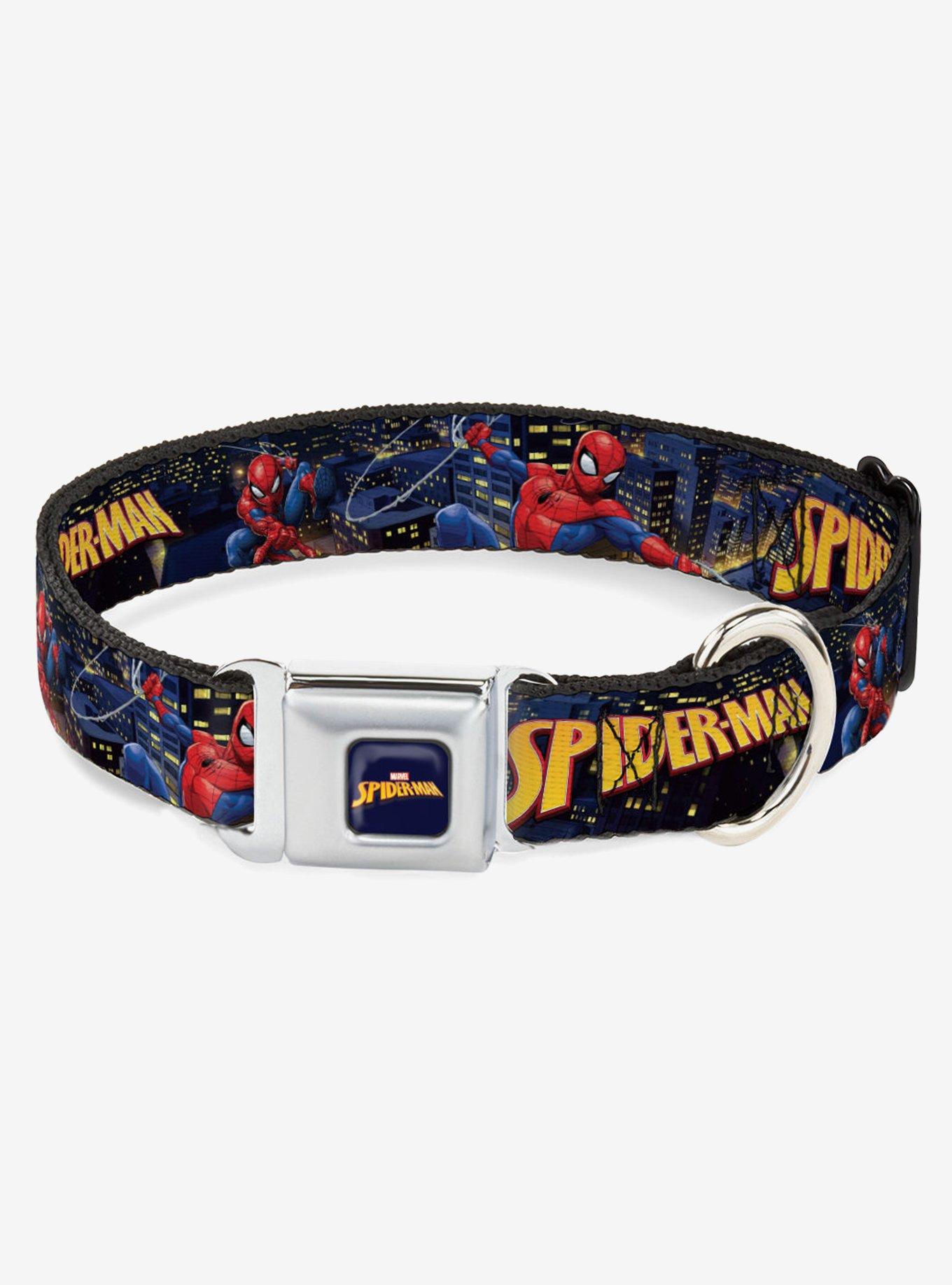 Marvel Spider-Man Logo and Action Skyline Poses Seatbelt Buckle Dog Collar, BLACK, hi-res