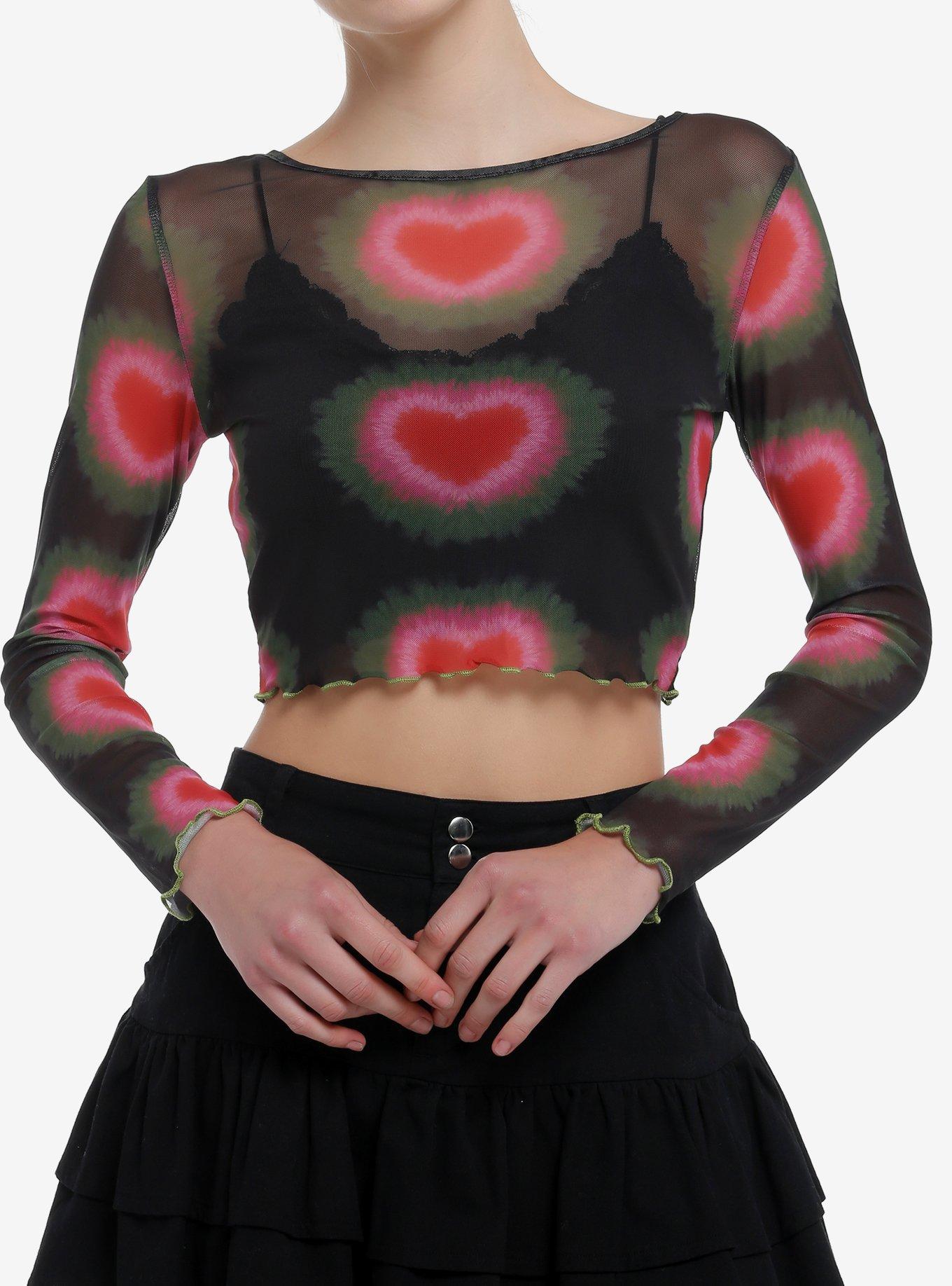 Aura Hearts Mesh Girls Crop Long-Sleeve Top, , hi-res