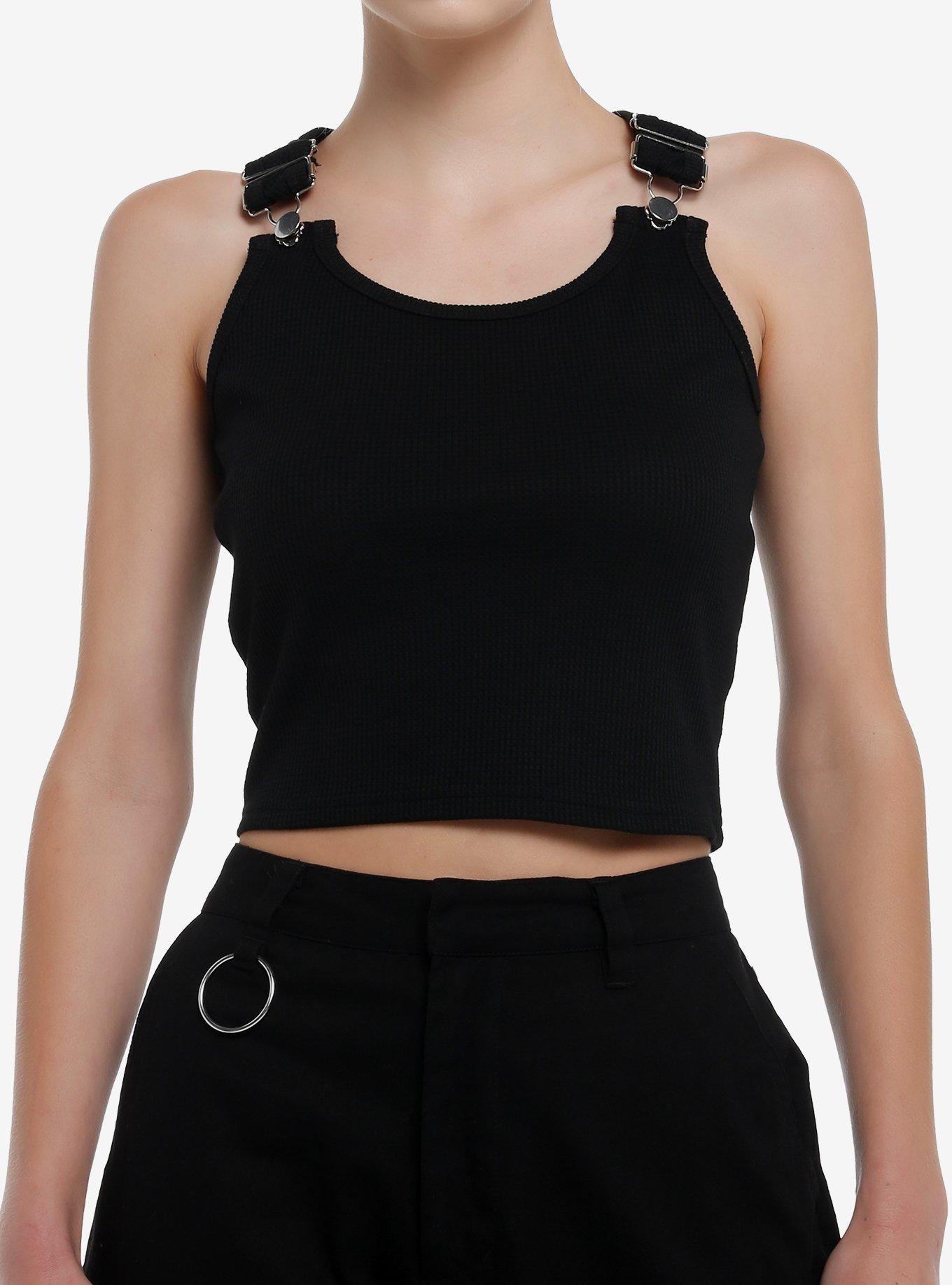 Black Overall Buckle Strap Girls Racerback Tank Top, BLACK, hi-res