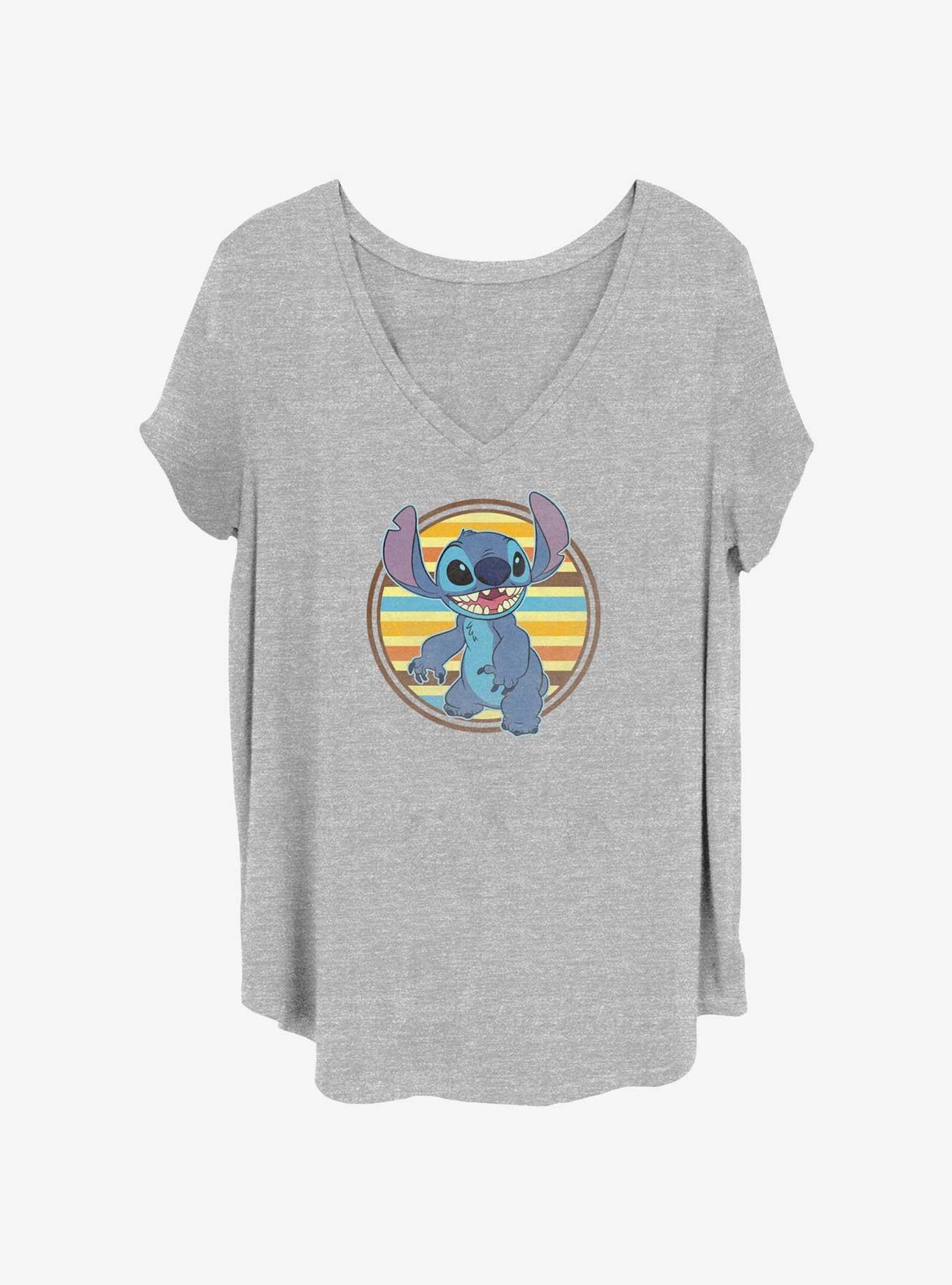 Disney Lilo & Stitch Retro Stripe Badge Girls T-Shirt Plus Size, HEATHER GR, hi-res