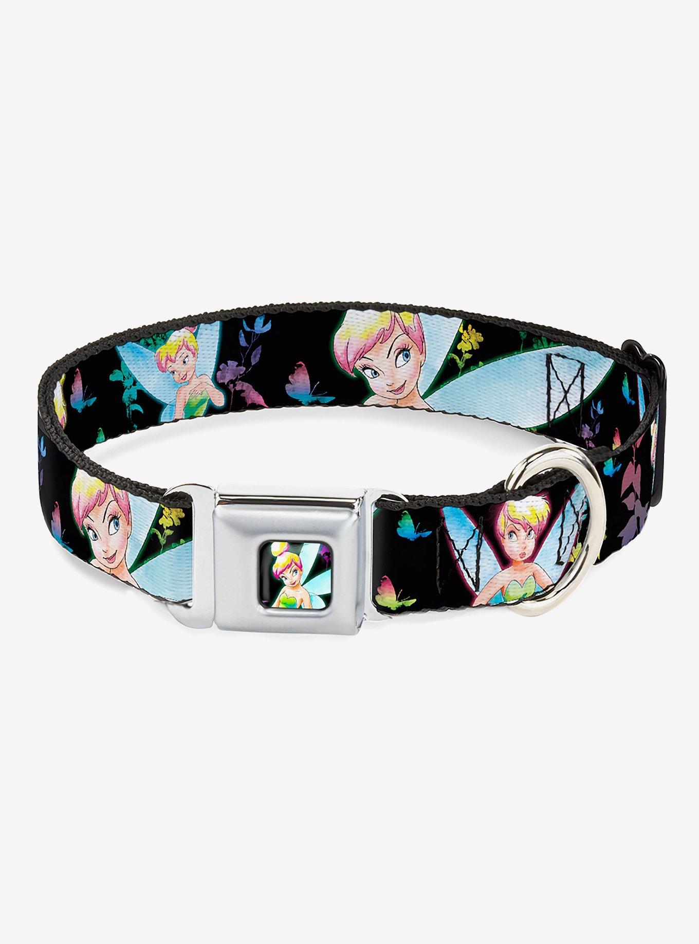 Disney Glowing Tinker Bell Butterflies Flowers Seatbelt Buckle Dog Collar, BLACK, hi-res