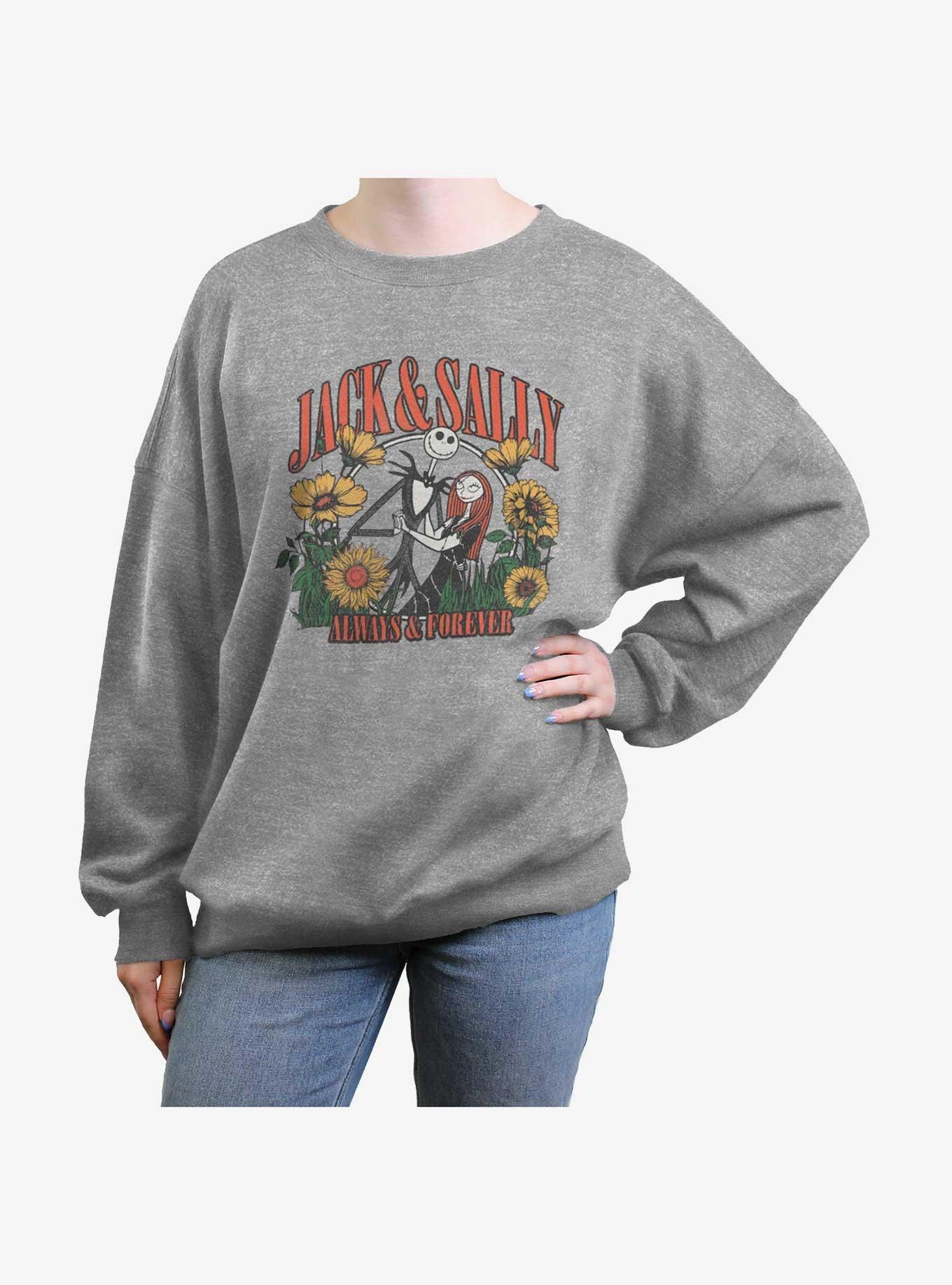 Disney Nightmare Before Christmas Floral Jack & Sally Forever Girls Oversized Sweatshirt, HEATHER GR, hi-res