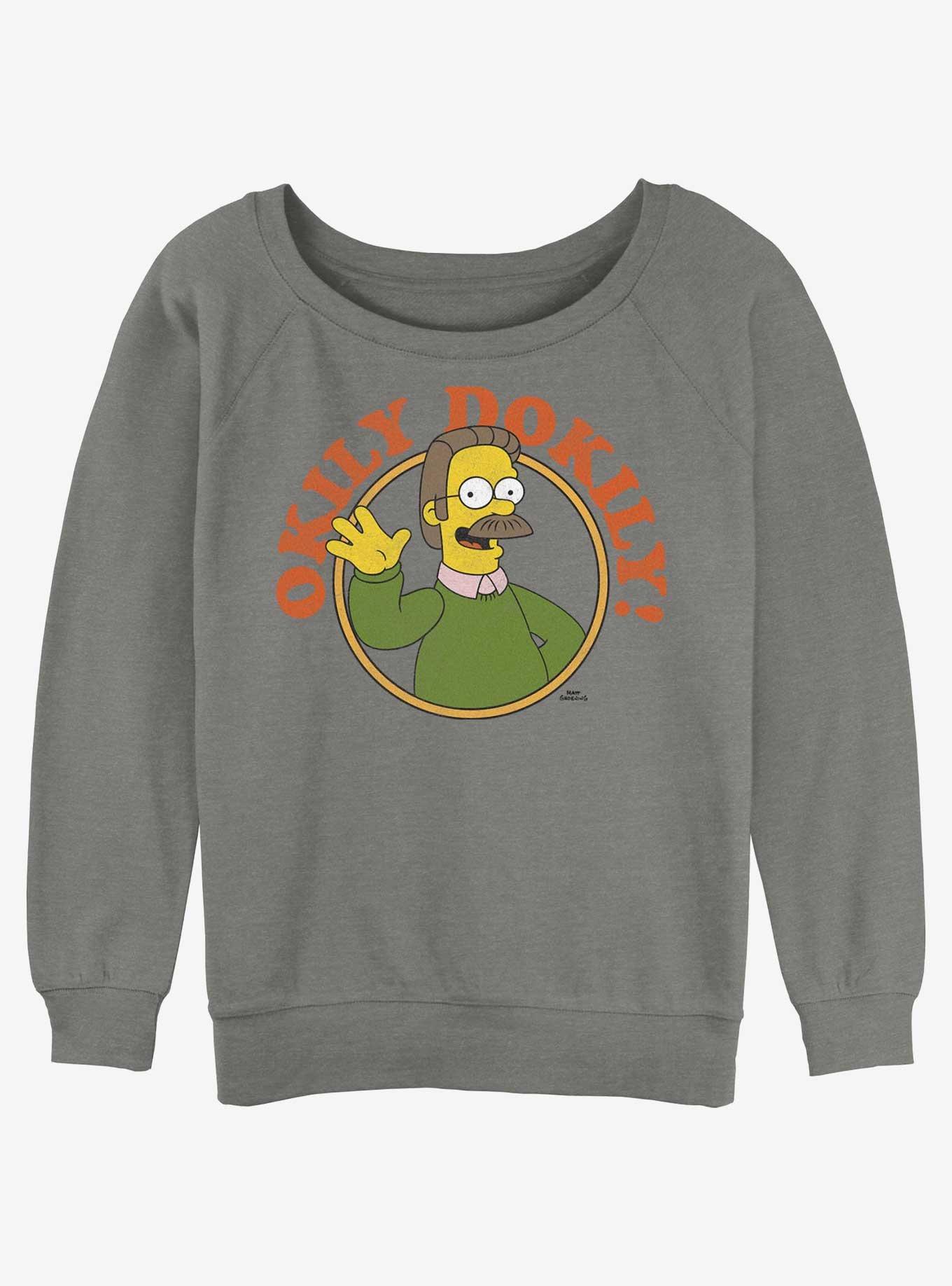 The Simpsons Okily Dokily Ned Flanders Girls Slouchy Sweatshirt, GRAY HTR, hi-res