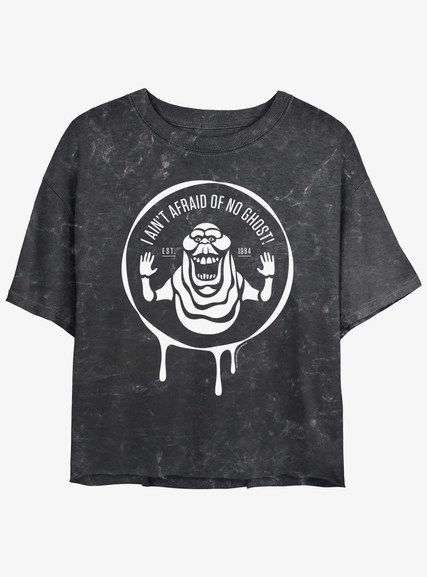 Ghostbusters 1984 Ain't Afraid Of No Ghost Badge Girls Mineral Wash Crop T-Shirt, BLACK, hi-res