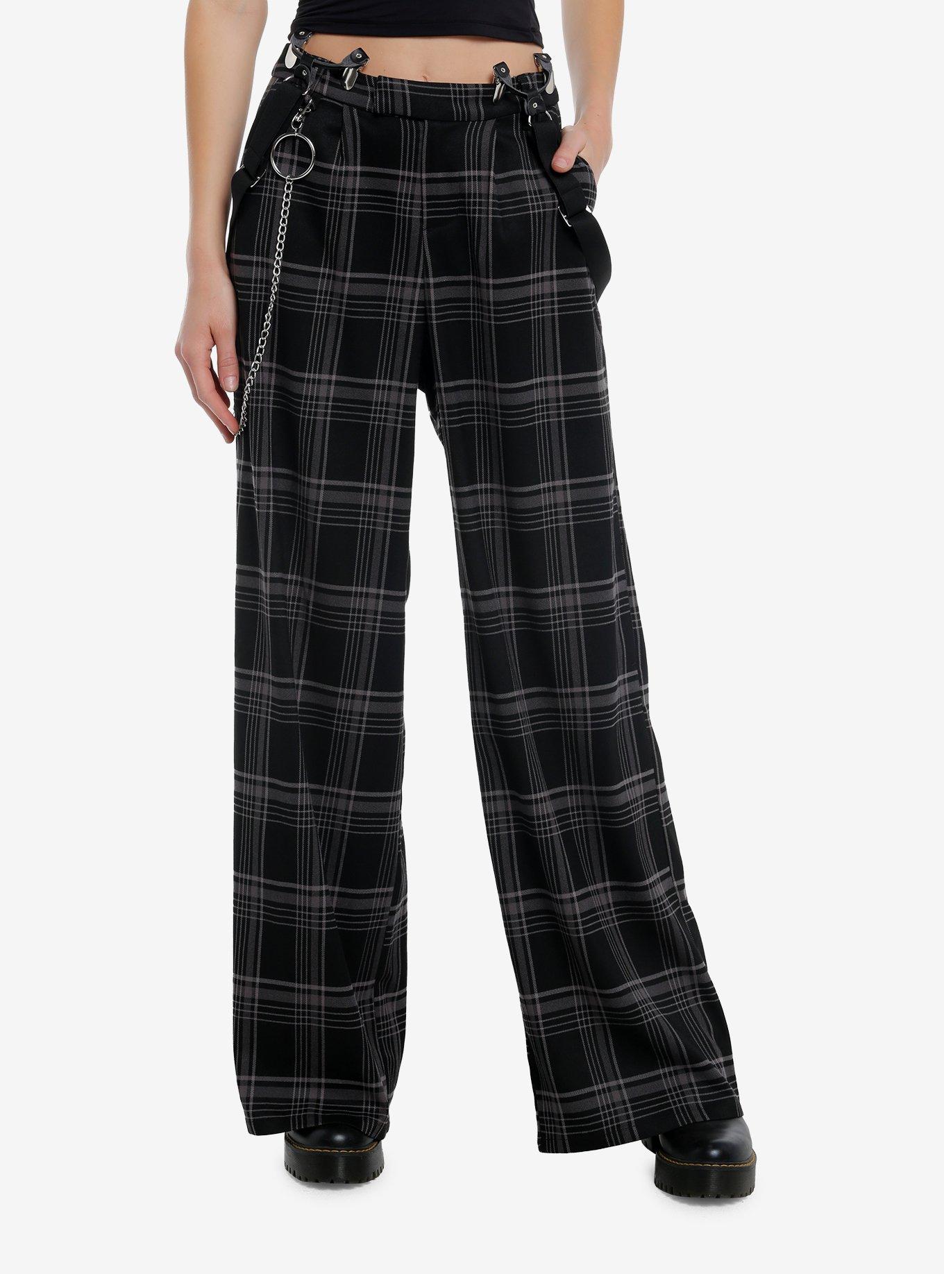 Social Collision Grey Plaid Suspender Trouser Pants, , hi-res
