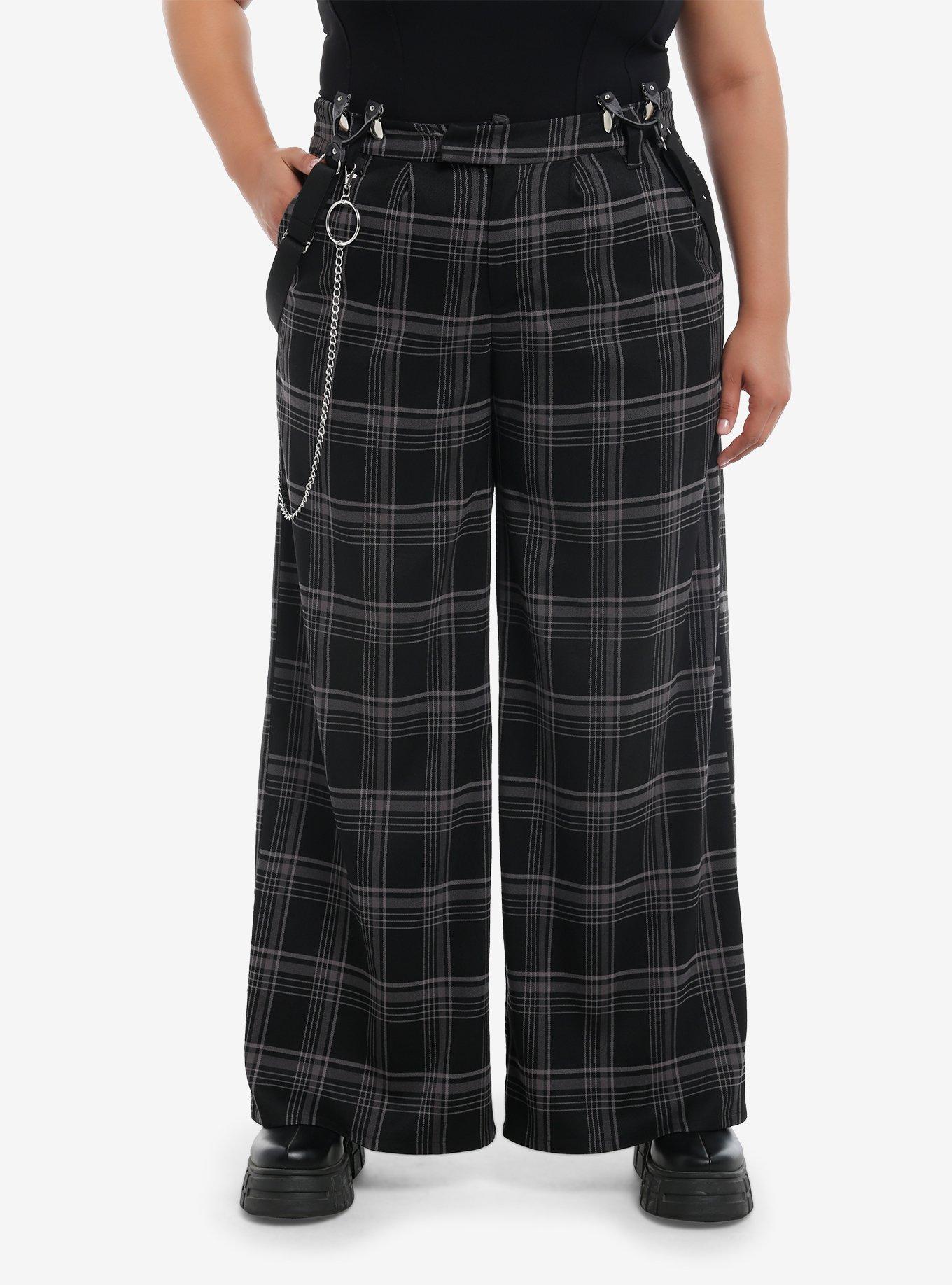 Social Collision Grey Plaid Suspender Trouser Pants Plus Size, , hi-res