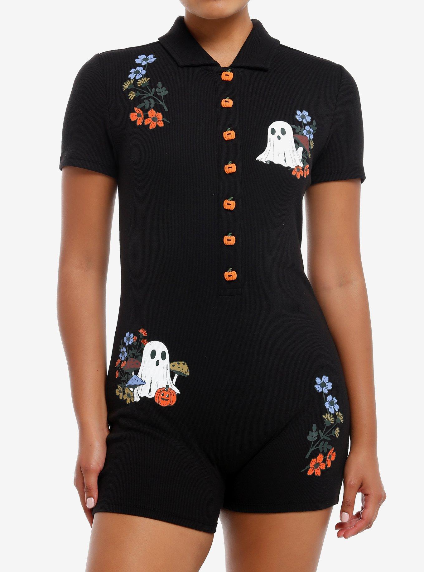 Thorn & Fable Ghosts Pumpkins & Flowers Girls Polo Romper, BLACK, hi-res
