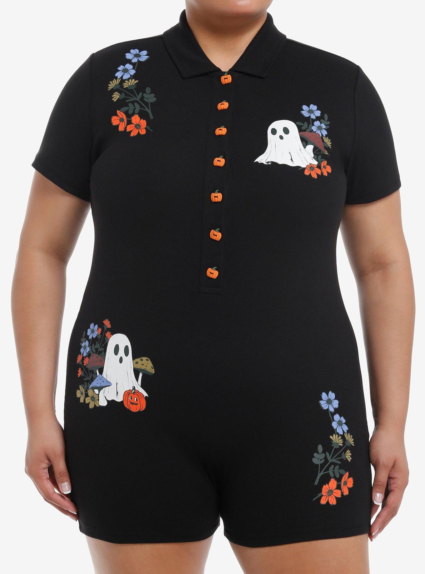 Thorn & Fable Ghosts Pumpkins & Flowers Girls Polo Romper Plus Size, , hi-res