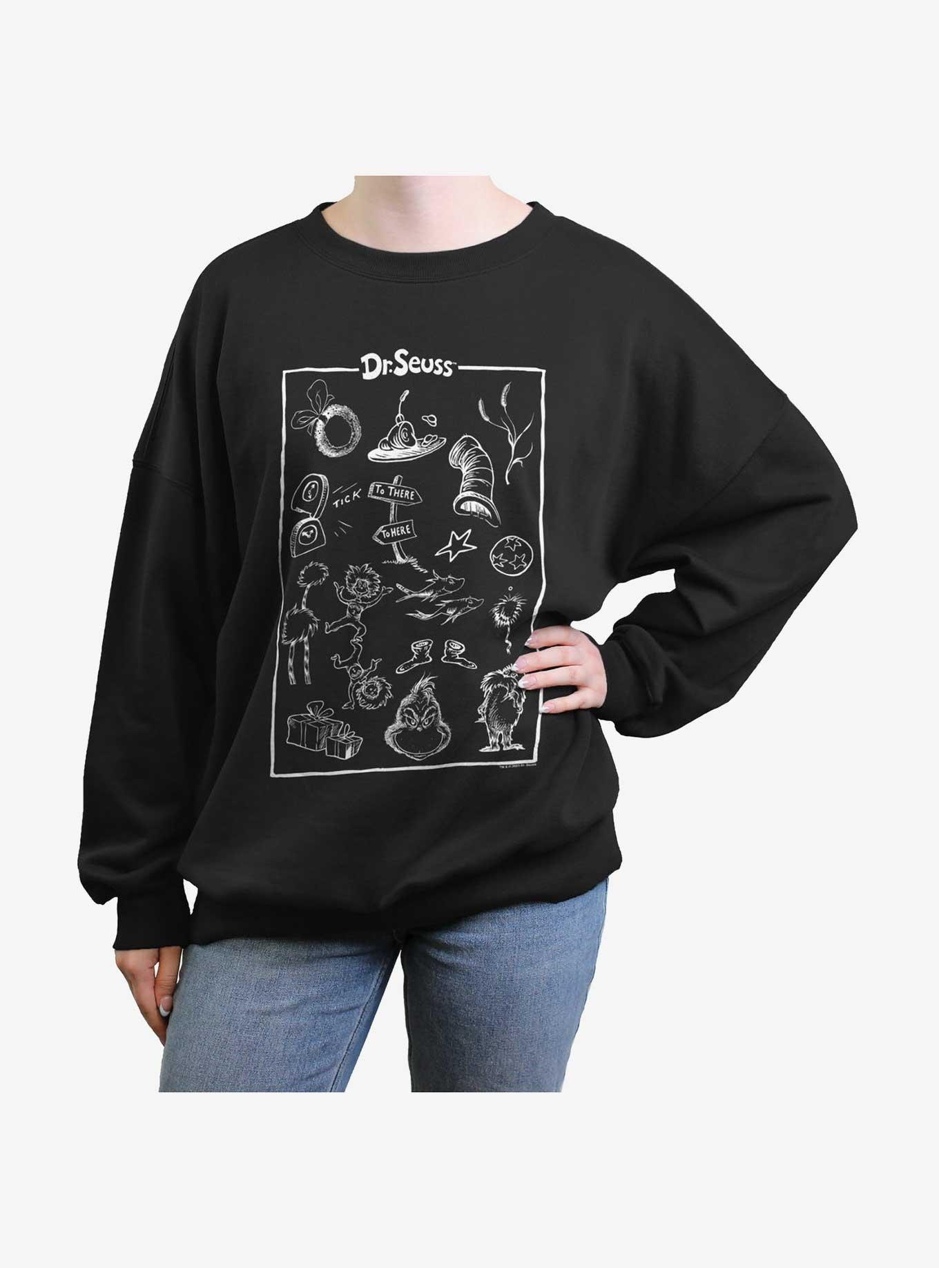 Dr. Seuss Collection Poster Womens Oversized Sweatshirt, BLACK, hi-res