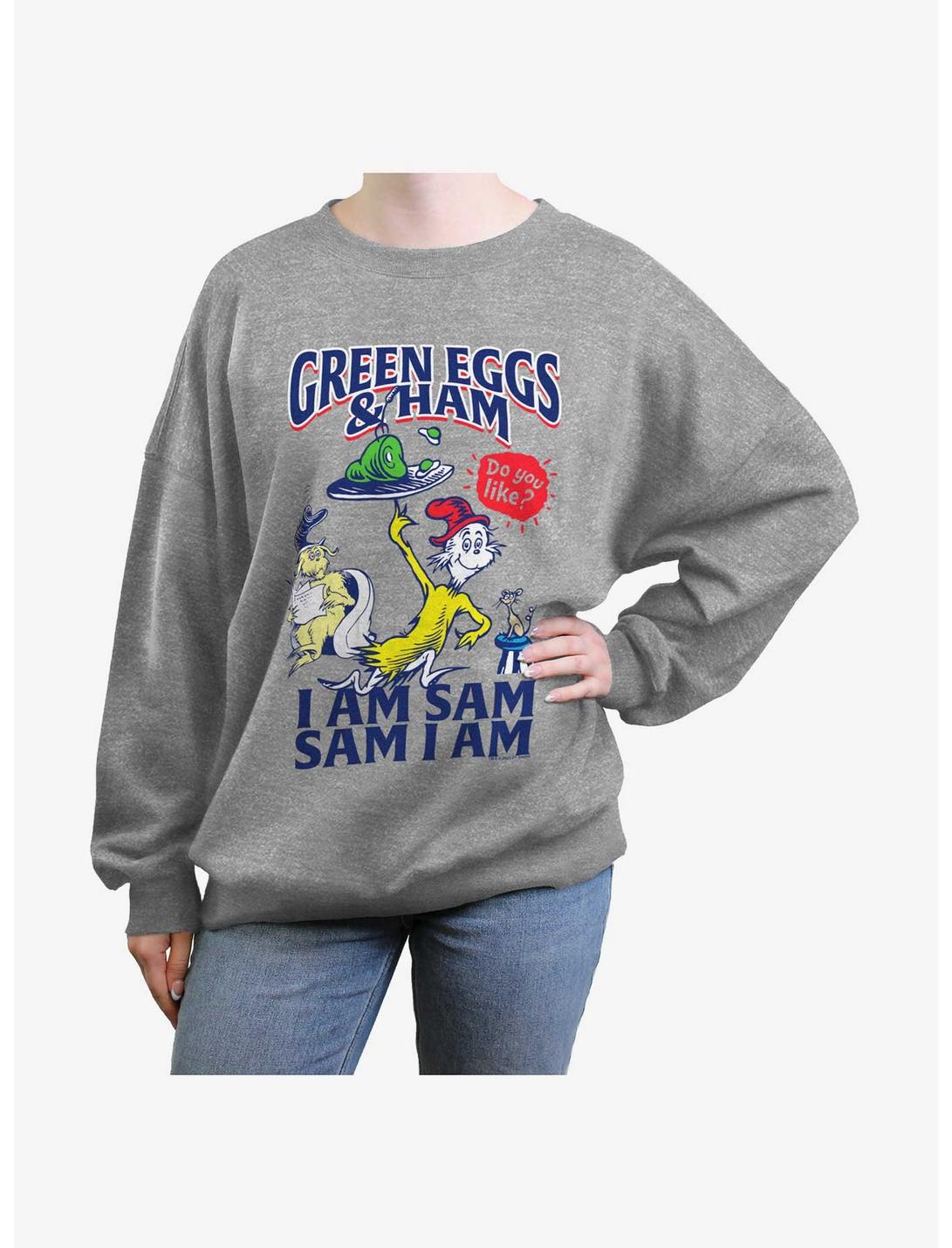 Dr. Seuss I Am Sam Green Eggs And Ham Womens Oversized Sweatshirt, HEATHER GR, hi-res