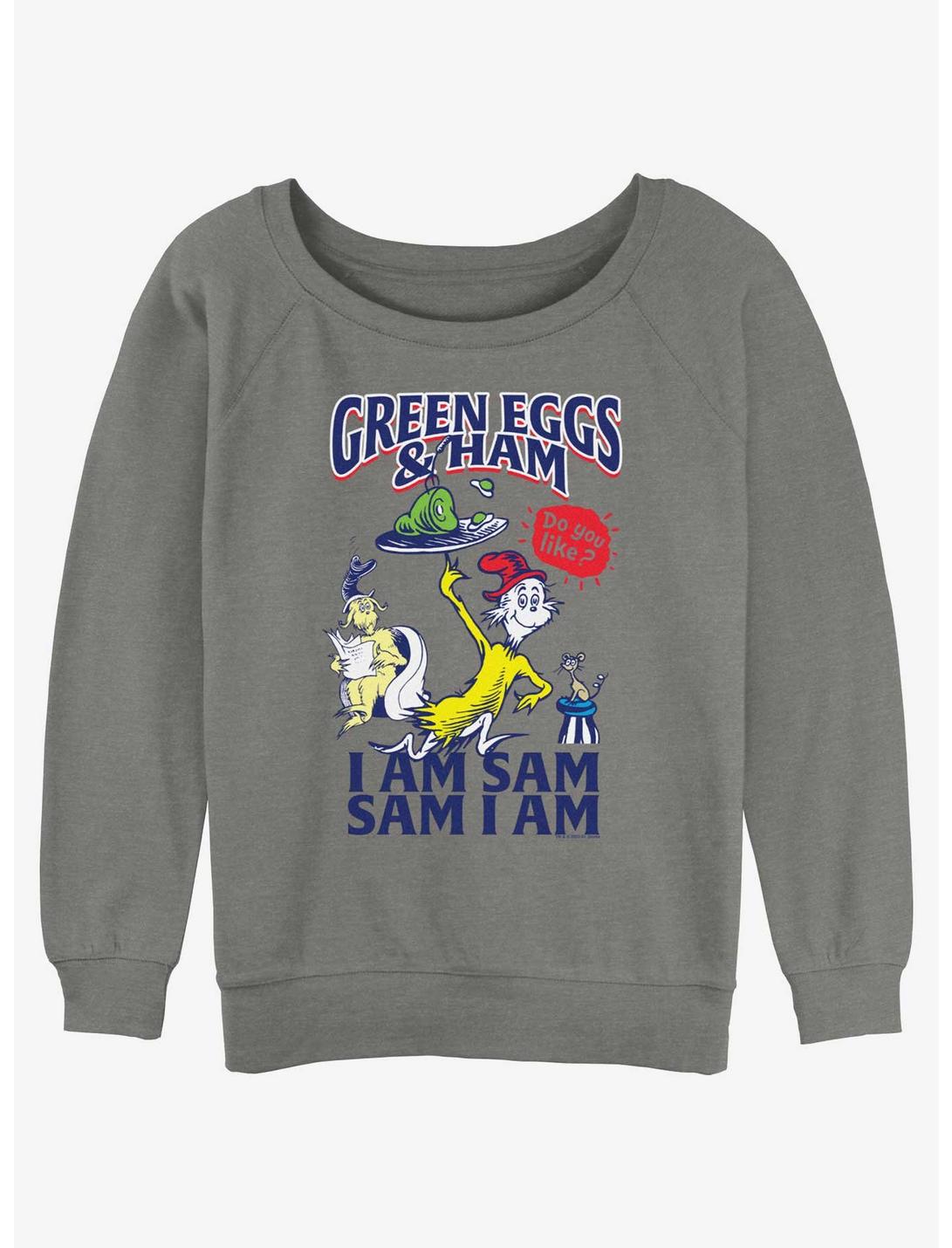 Dr. Seuss I Am Sam Green Eggs And Ham Womens Slouchy Sweatshirt, GRAY HTR, hi-res