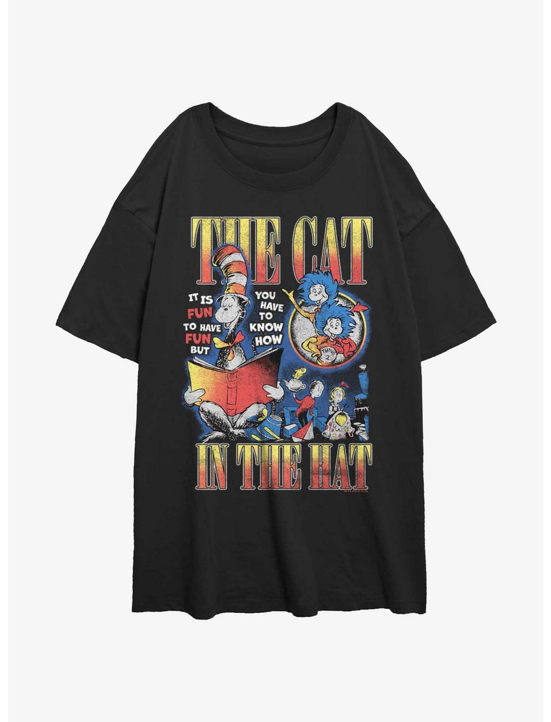 Dr. Seuss The Cat In The Hat Reading Book Womens Oversized T-Shirt, BLACK, hi-res
