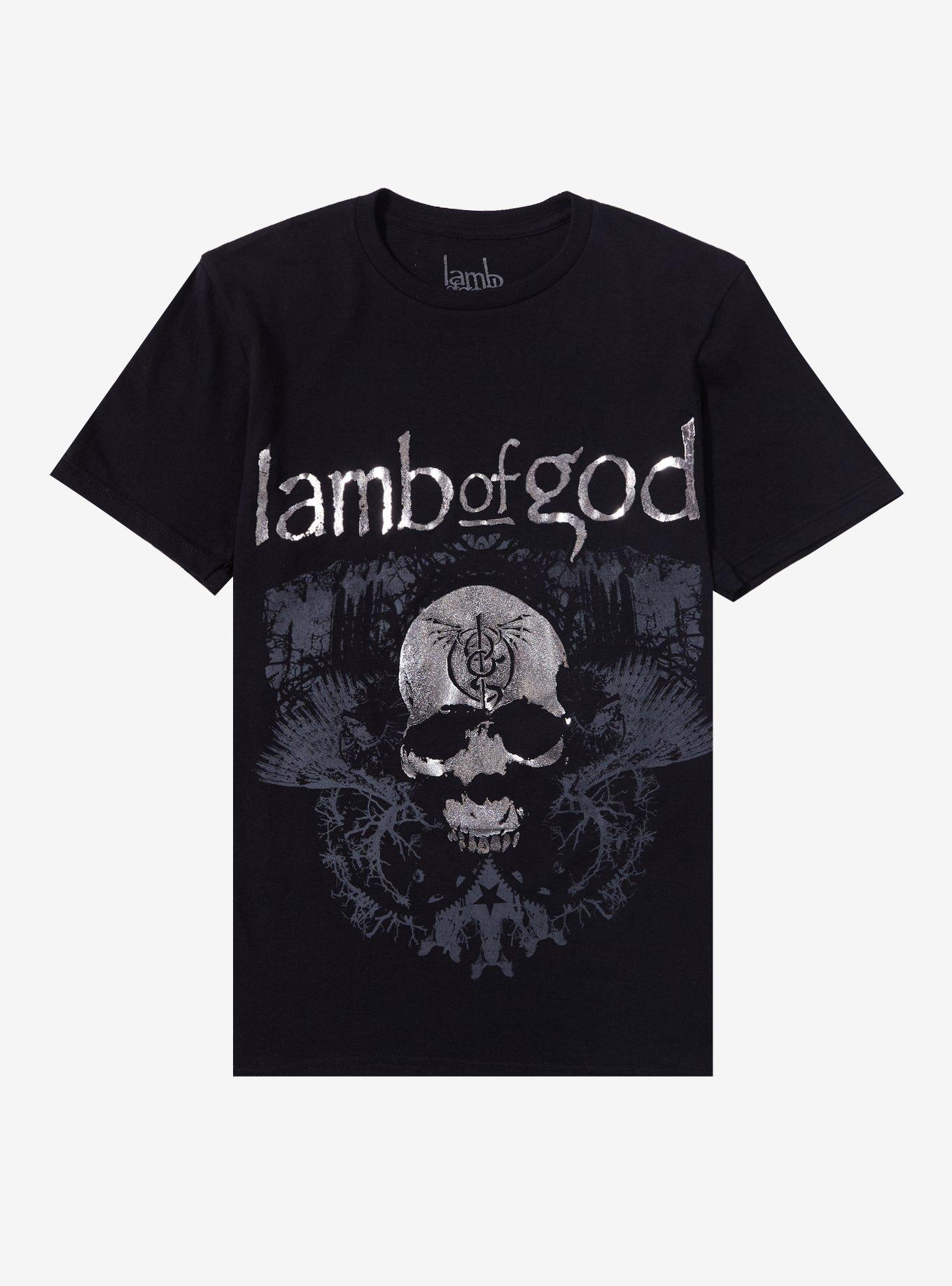 Lamb Of God Skull Silver Foil Boyfriend Fit Girls T-Shirt, BLACK, hi-res