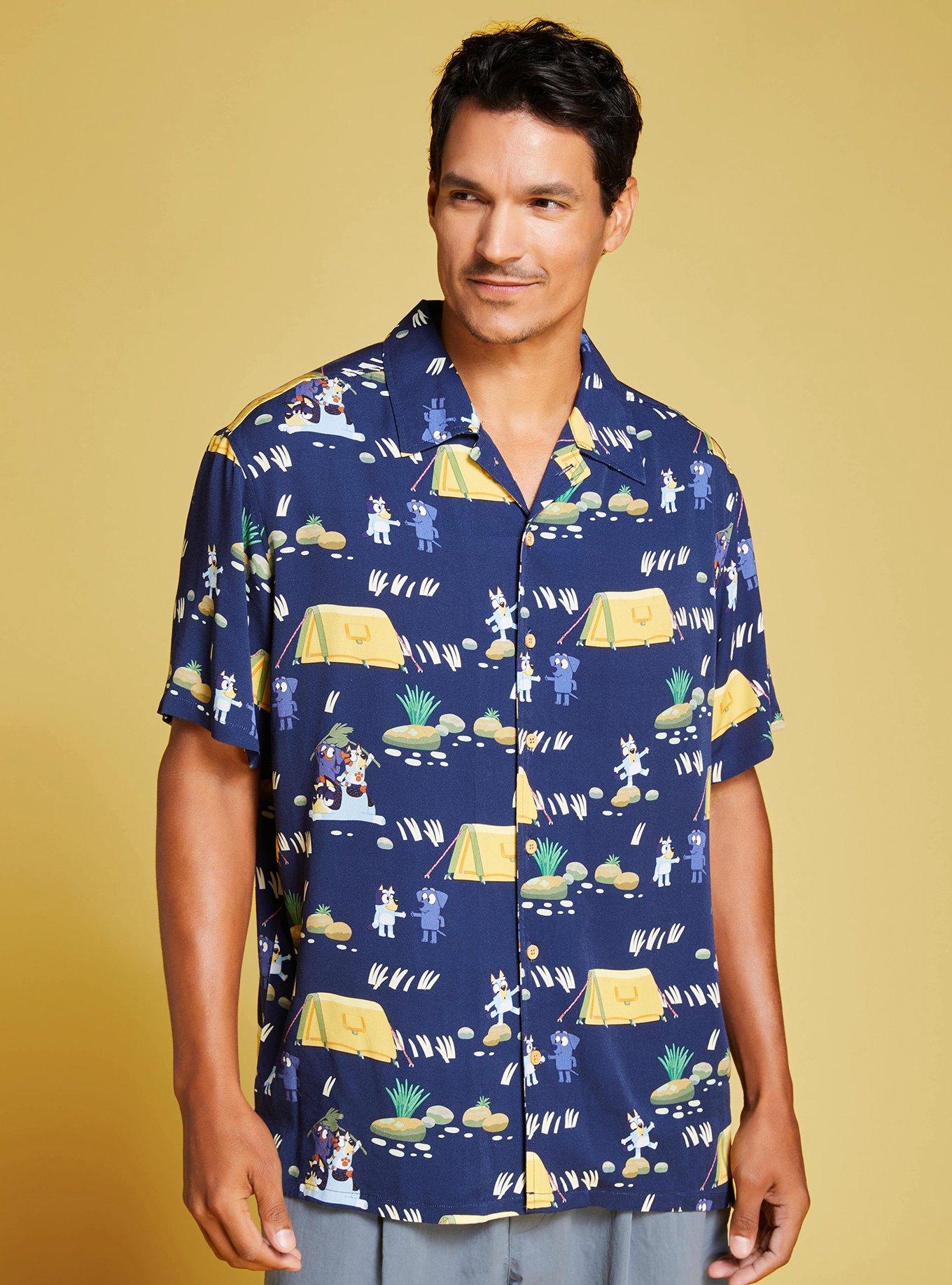 bluey dress shirt men Bluey Men's Hawaiian Print Button-Up Shirt with Short Sleeves, Sizes XS-3XL