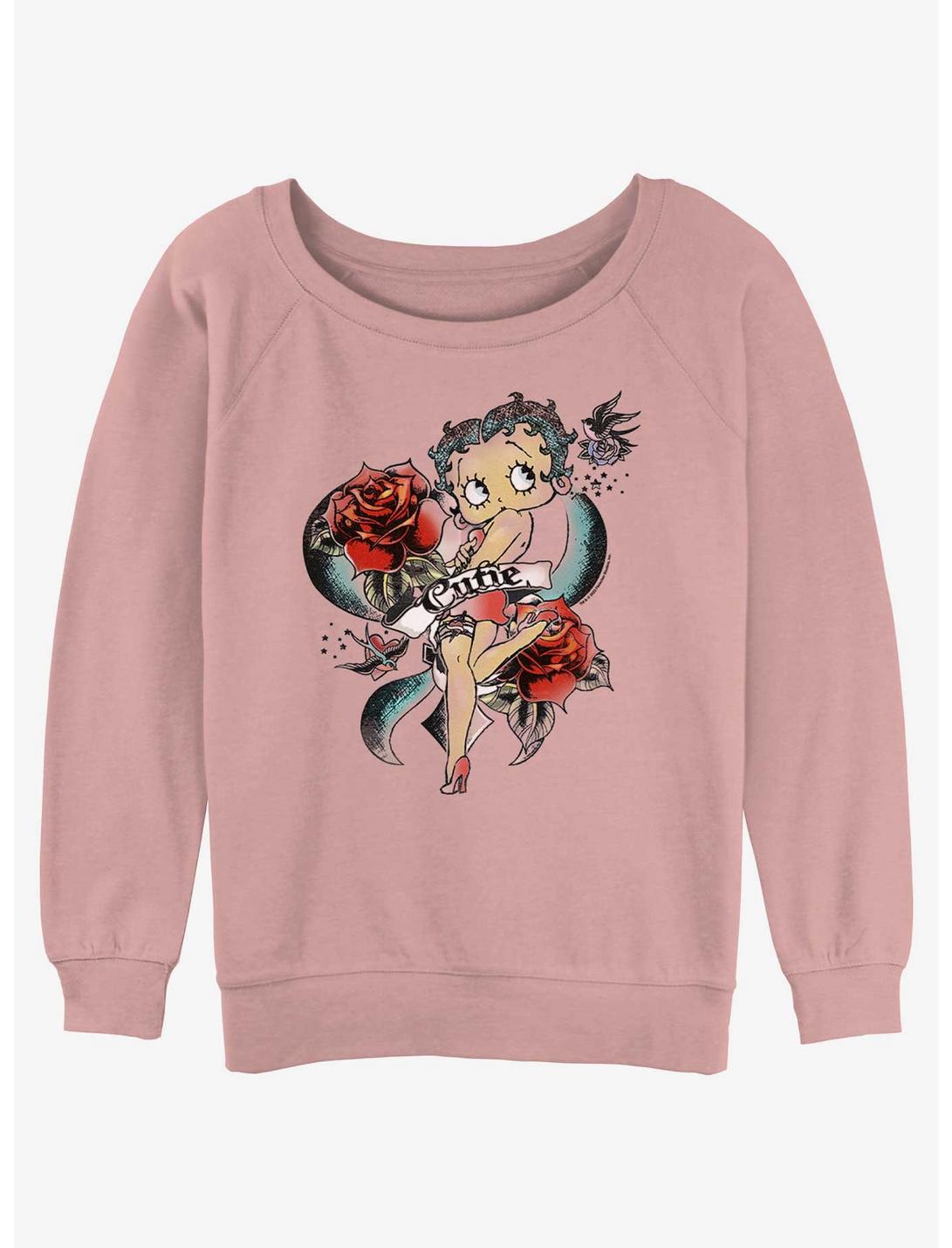 Betty Boop Cutie Rose Tattoo Womens Slouchy Sweatshirt, DESERTPNK, hi-res