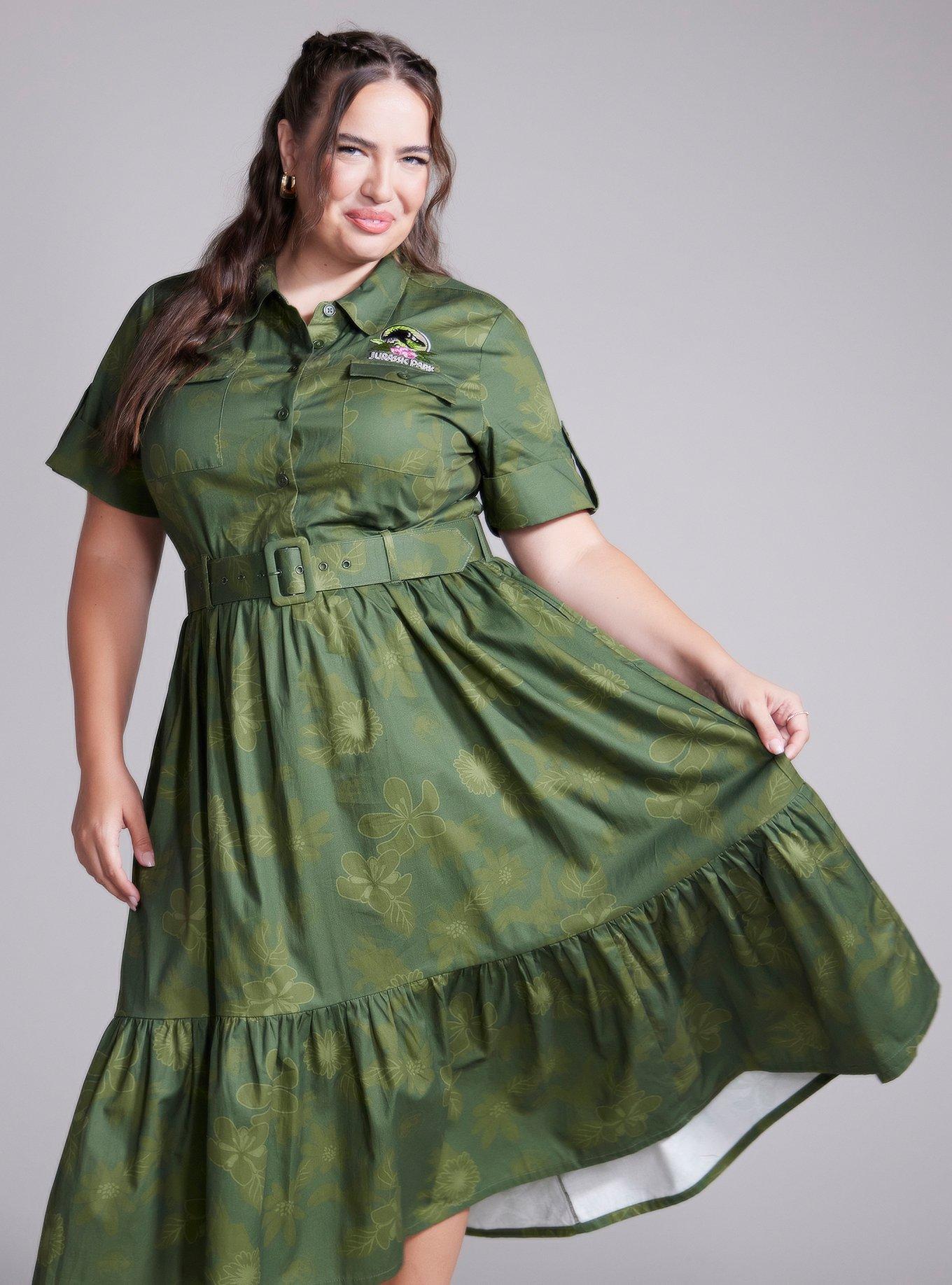 Her Universe Jurassic Park Green Floral Retro Dress Plus Size Her Universe Exclusive, OLIVE, hi-res